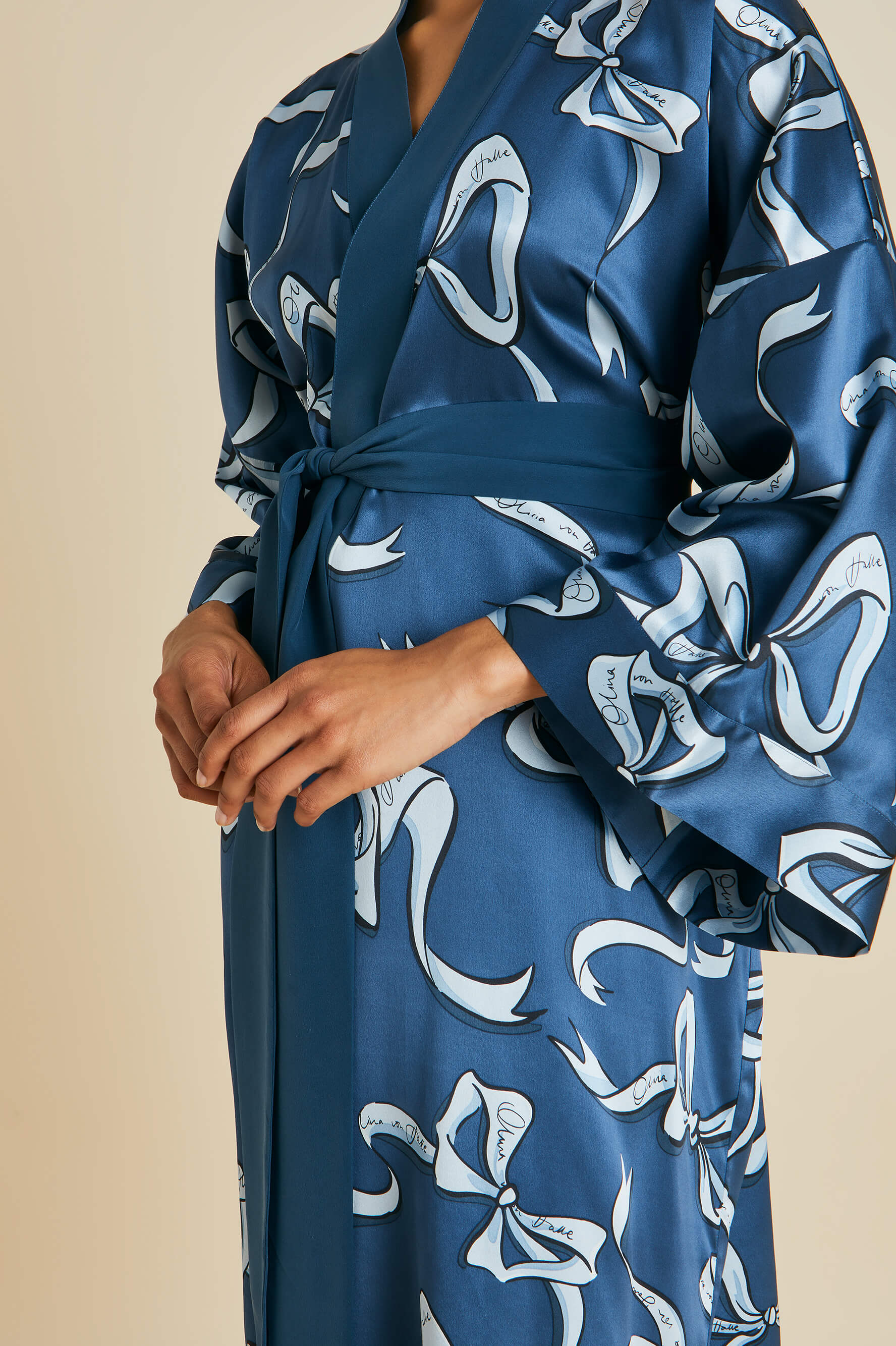 Mimi Arran Blue Bow Robe in Silk Satin