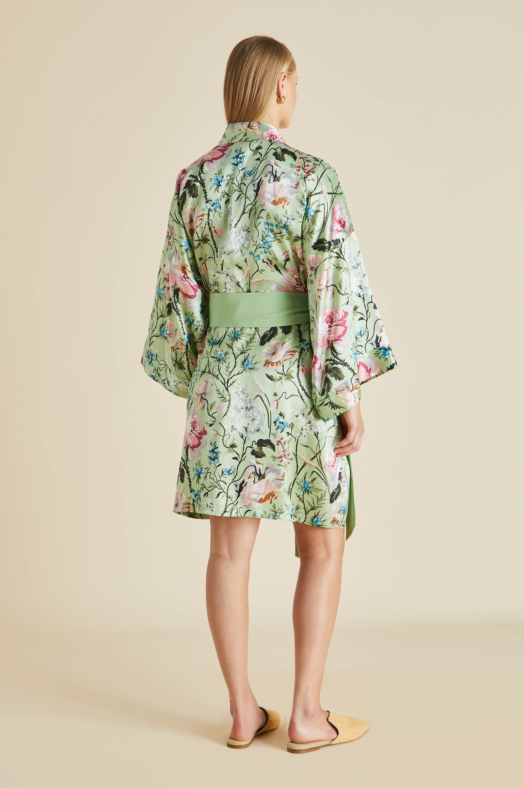 Mimi Effie Green Floral Robe in Silk Satin