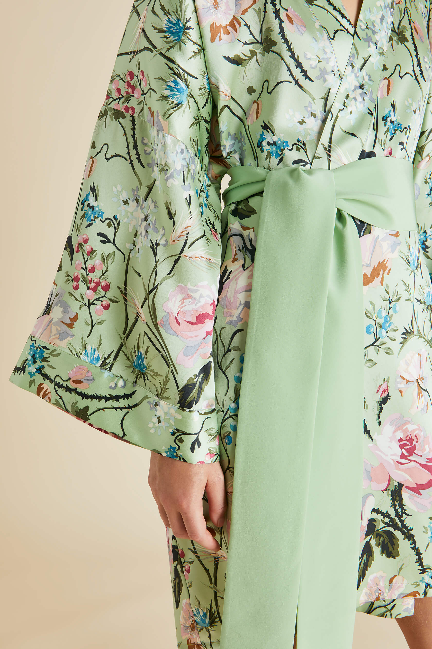 Mimi Effie Green Floral Robe in Silk Satin