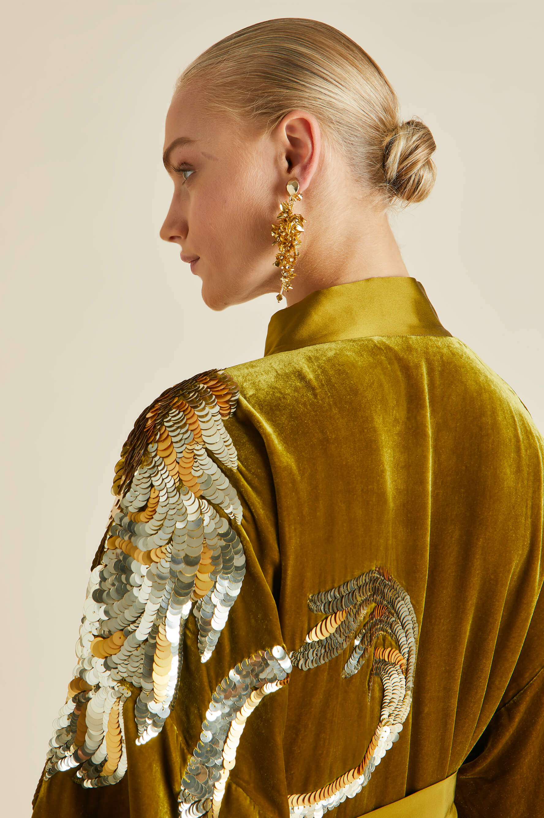 Queenie August Gold Embellished Robe in Silk Velvet