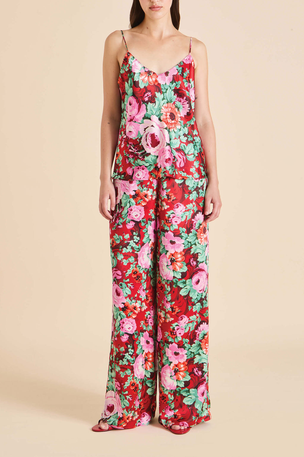 Bliss Moulin Red Floral Camisole Set in Silk Satin