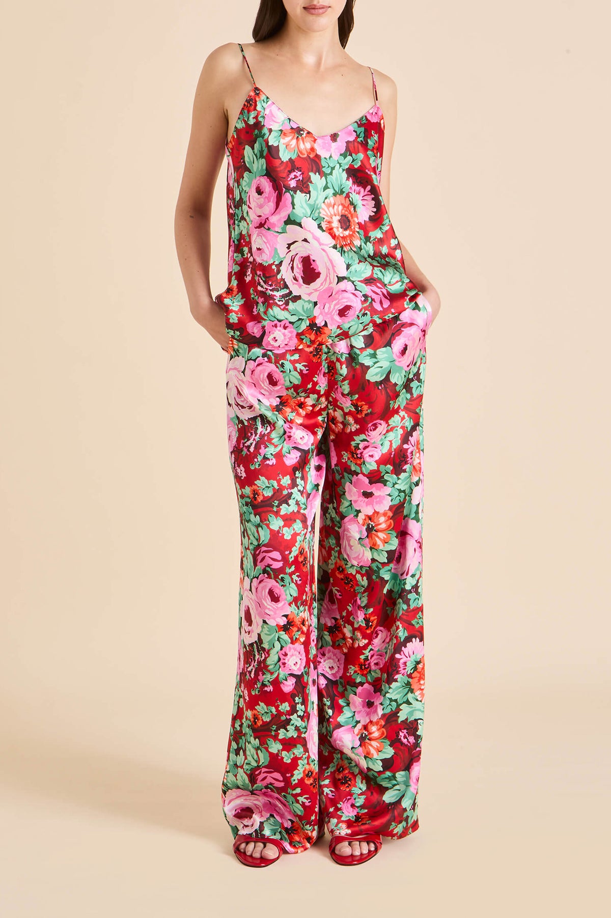 bliss moulin red floral camisole set in silk satin 