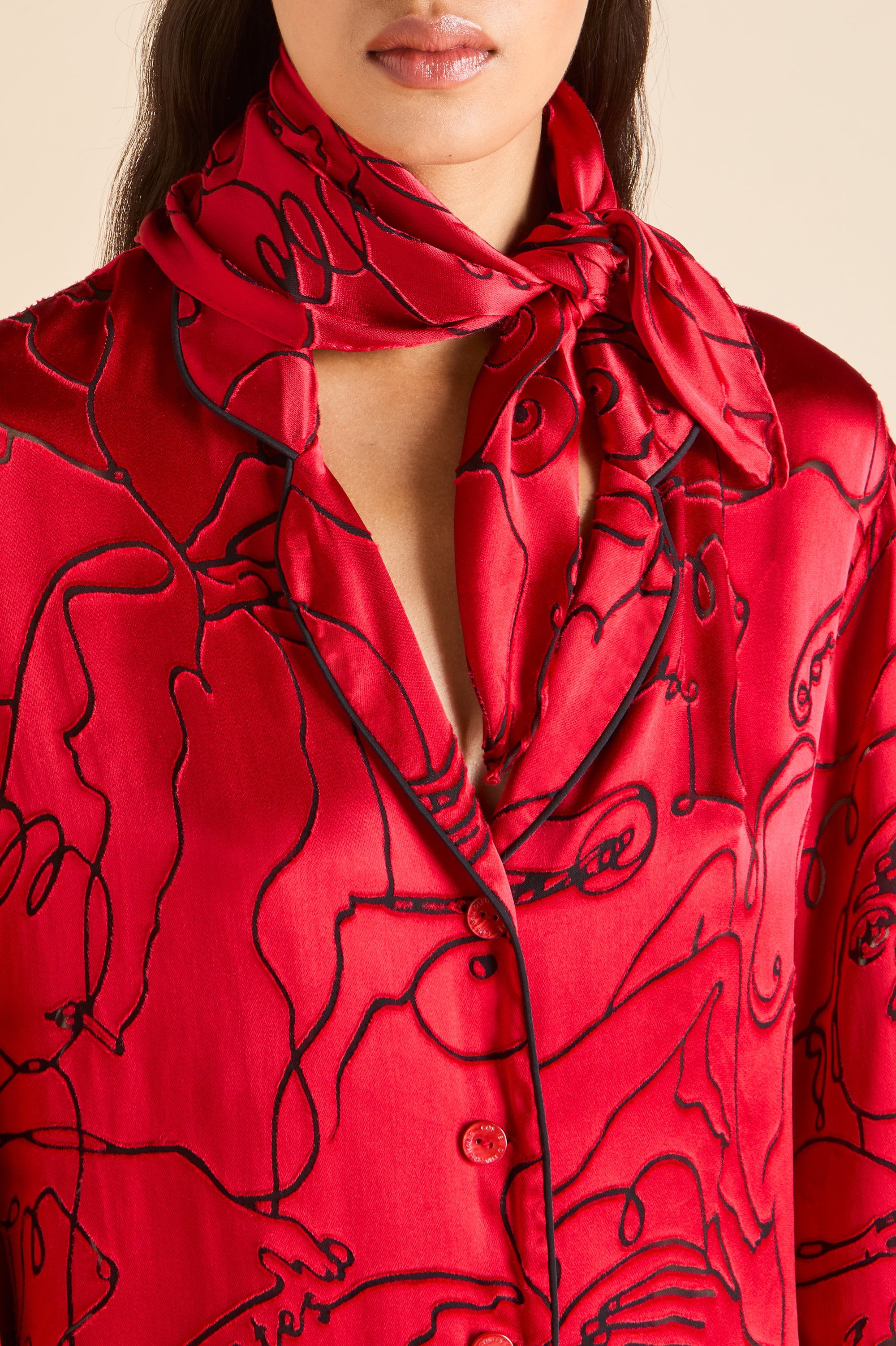 Deneuve Liaisons Red Figures Scarf in Silk Satin