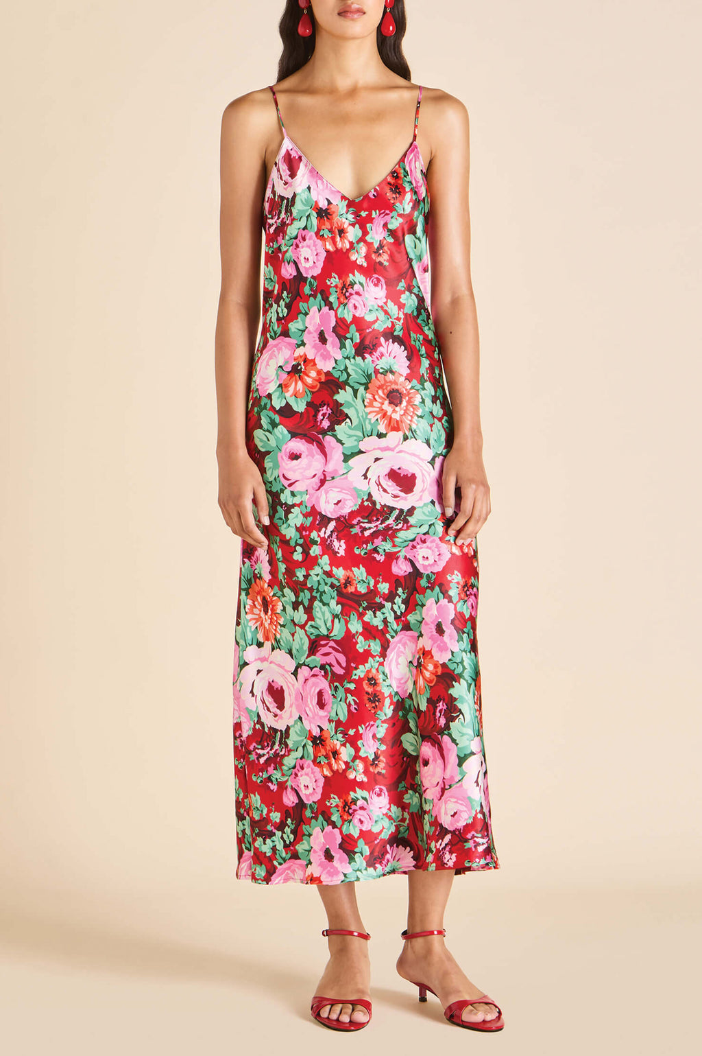 Garbo Moulin Red Floral Slip Dress in Silk Satin