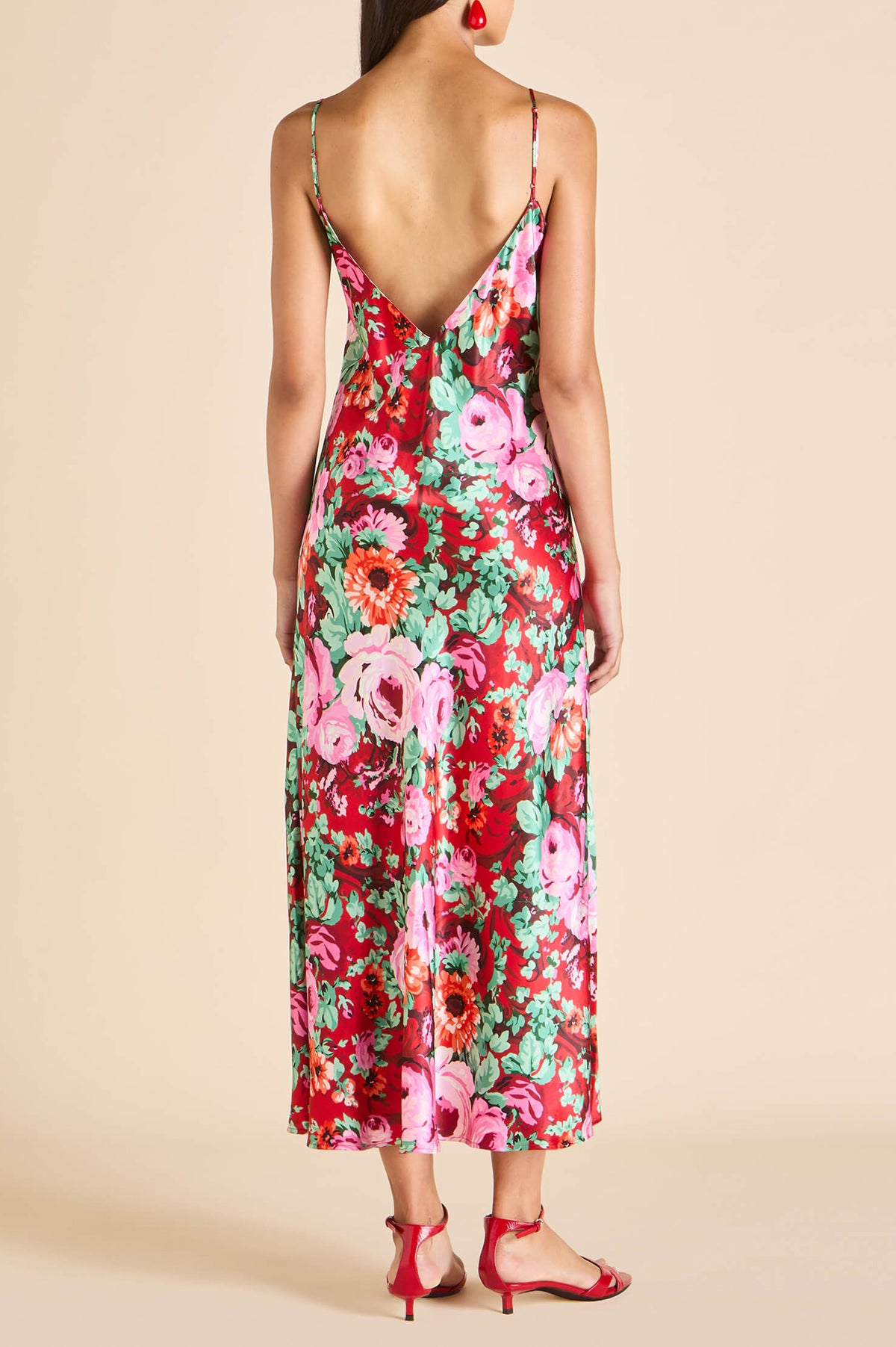 Garbo Moulin Red Floral Slip Dress in Silk Satin