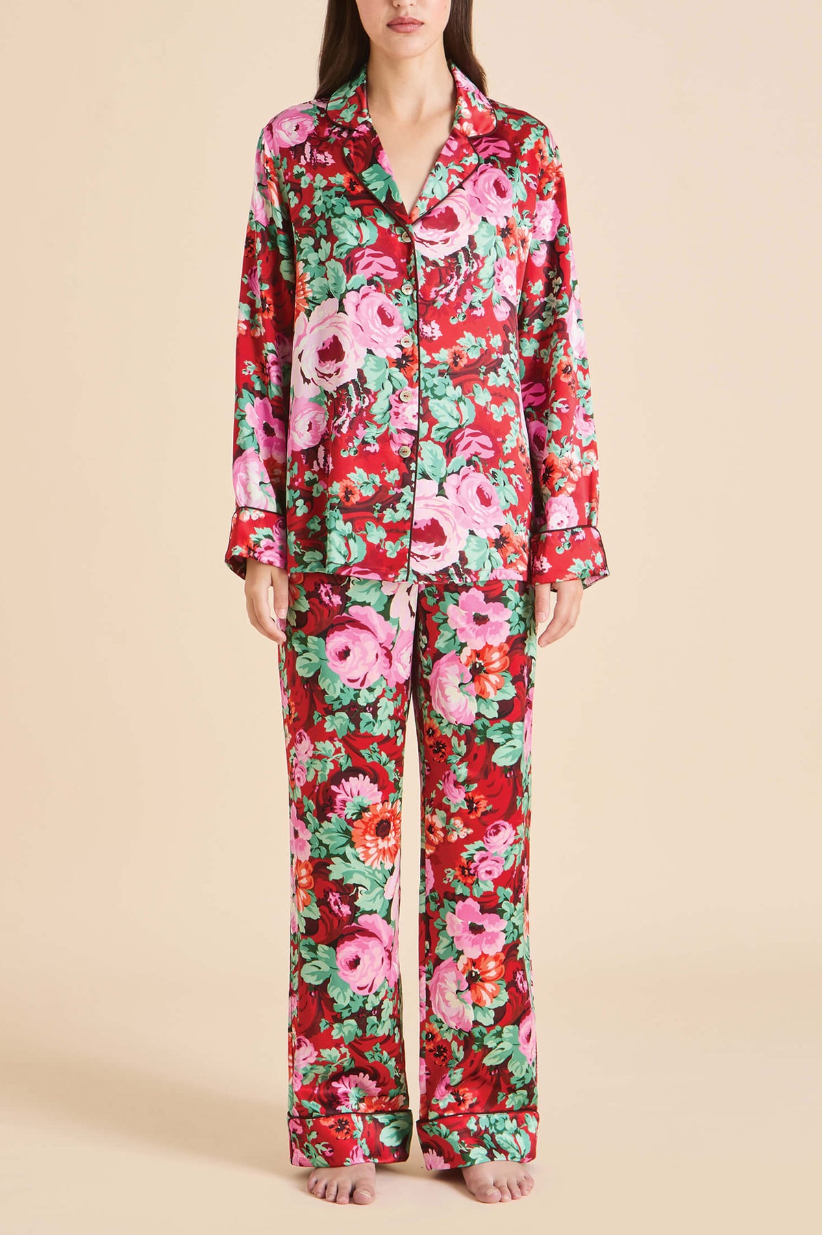 Lila Moulin Red Floral Pyjamas in Silk Satin