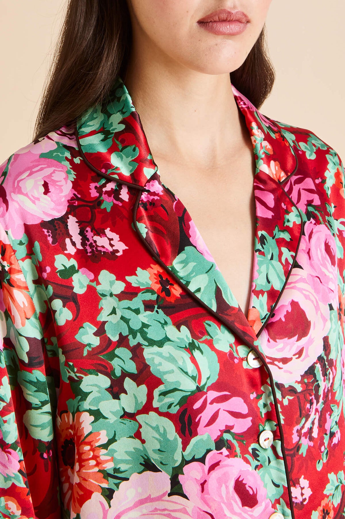 Lila Moulin Red Floral Pyjamas in Silk Satin