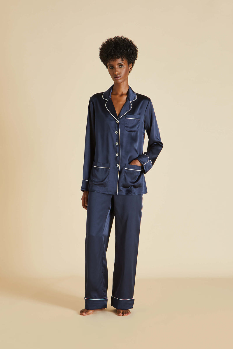 Gaspe Pyjamas Coco Navy Pyjamas in Silk Satin | Olivia von Halle