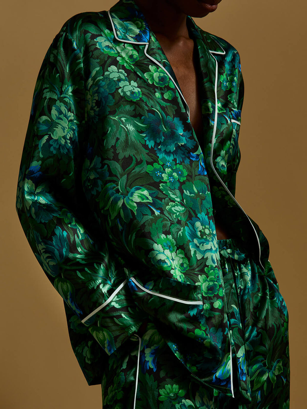 Green and Blue Floral Printed Silk Pyjamas by Olivia von Halle - Yves Eden floral printed pyjamas