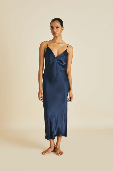 Issa Navy Slip Dress in Silk Satin | Olivia von Halle