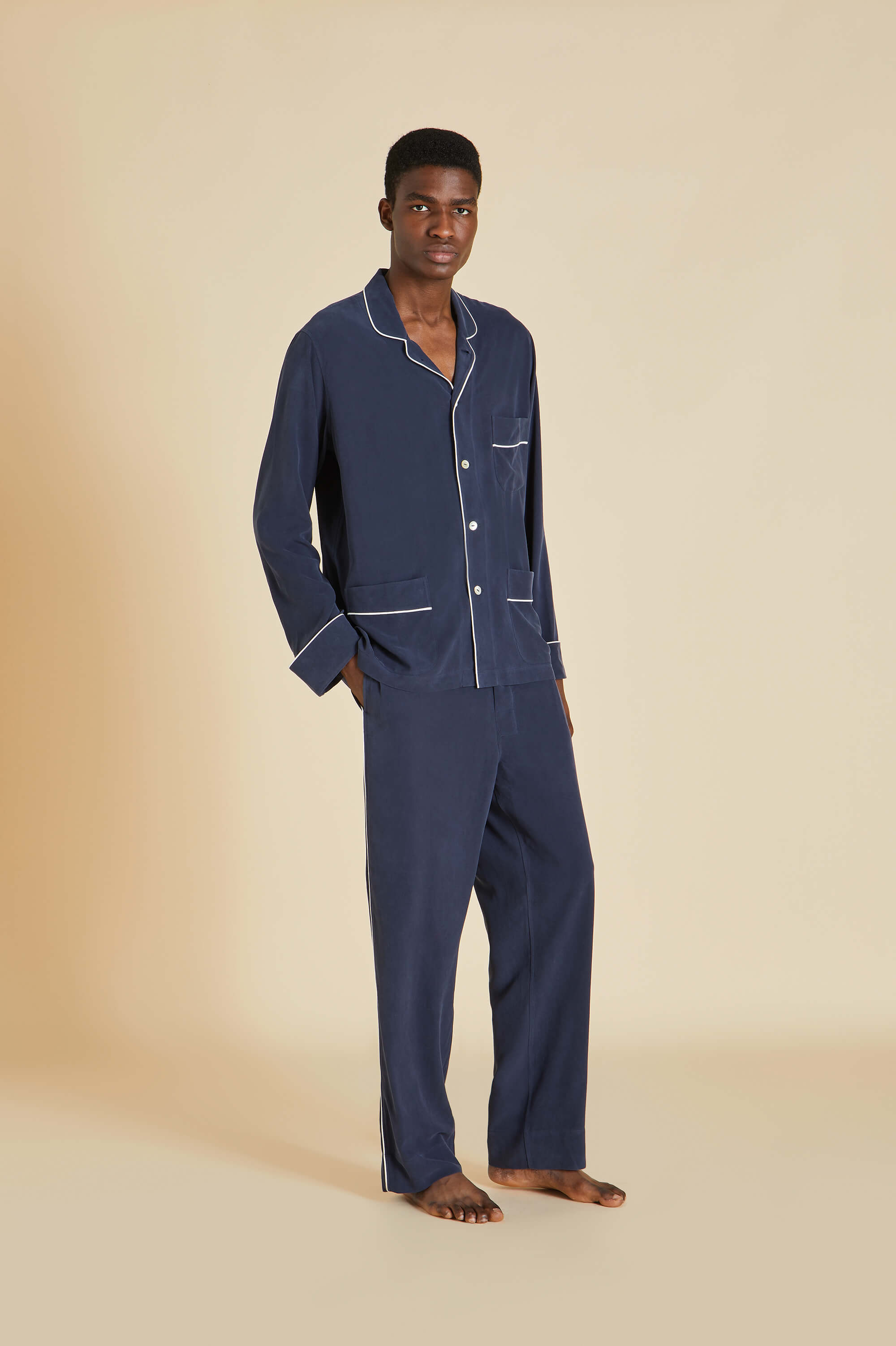 laurent navy pyjama set in sandwashed silk