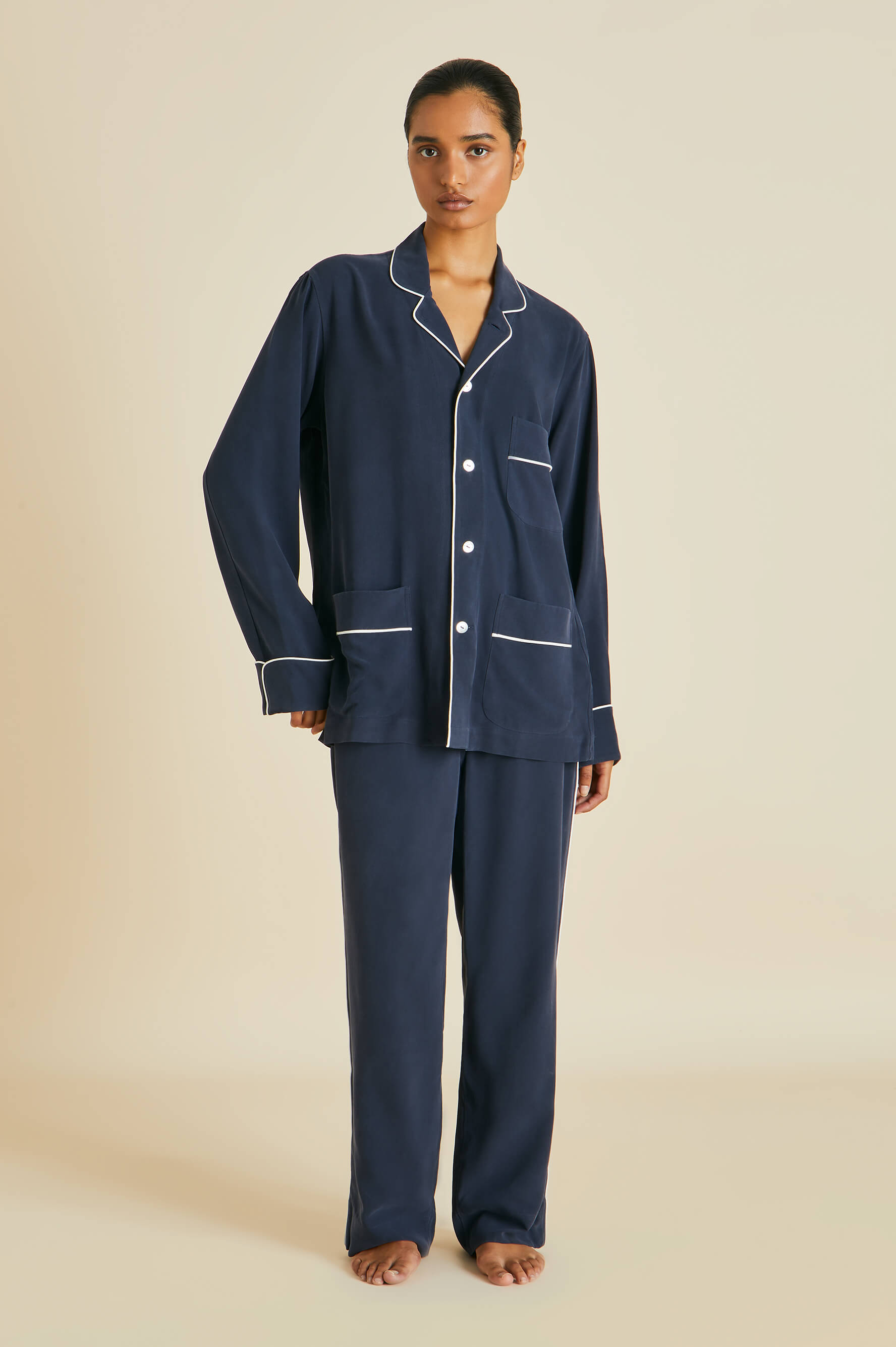 Laurent Navy Silk Habotai Pyjama Set
