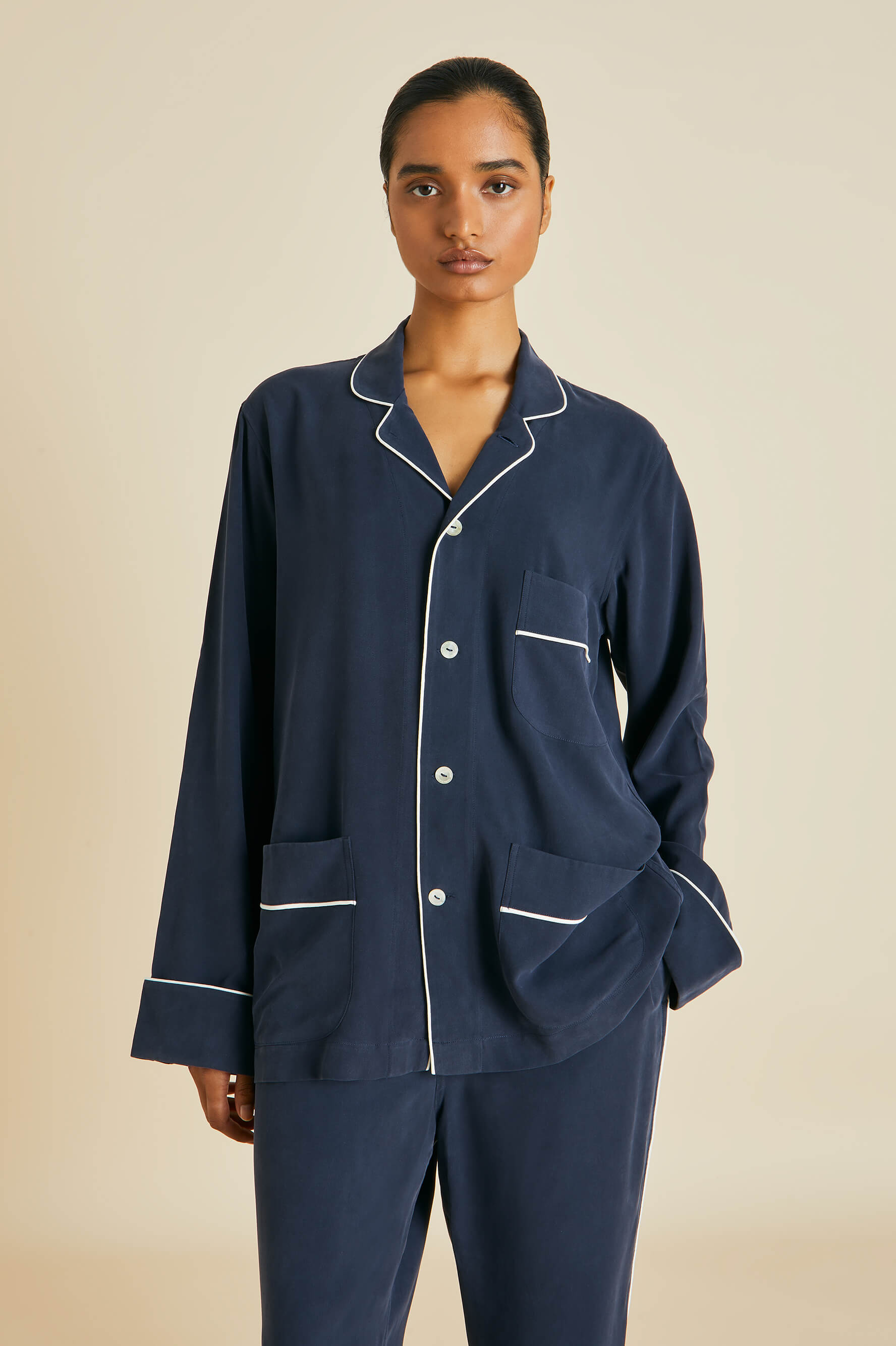 Laurent Navy Pyjama Set in Sandwashed Silk