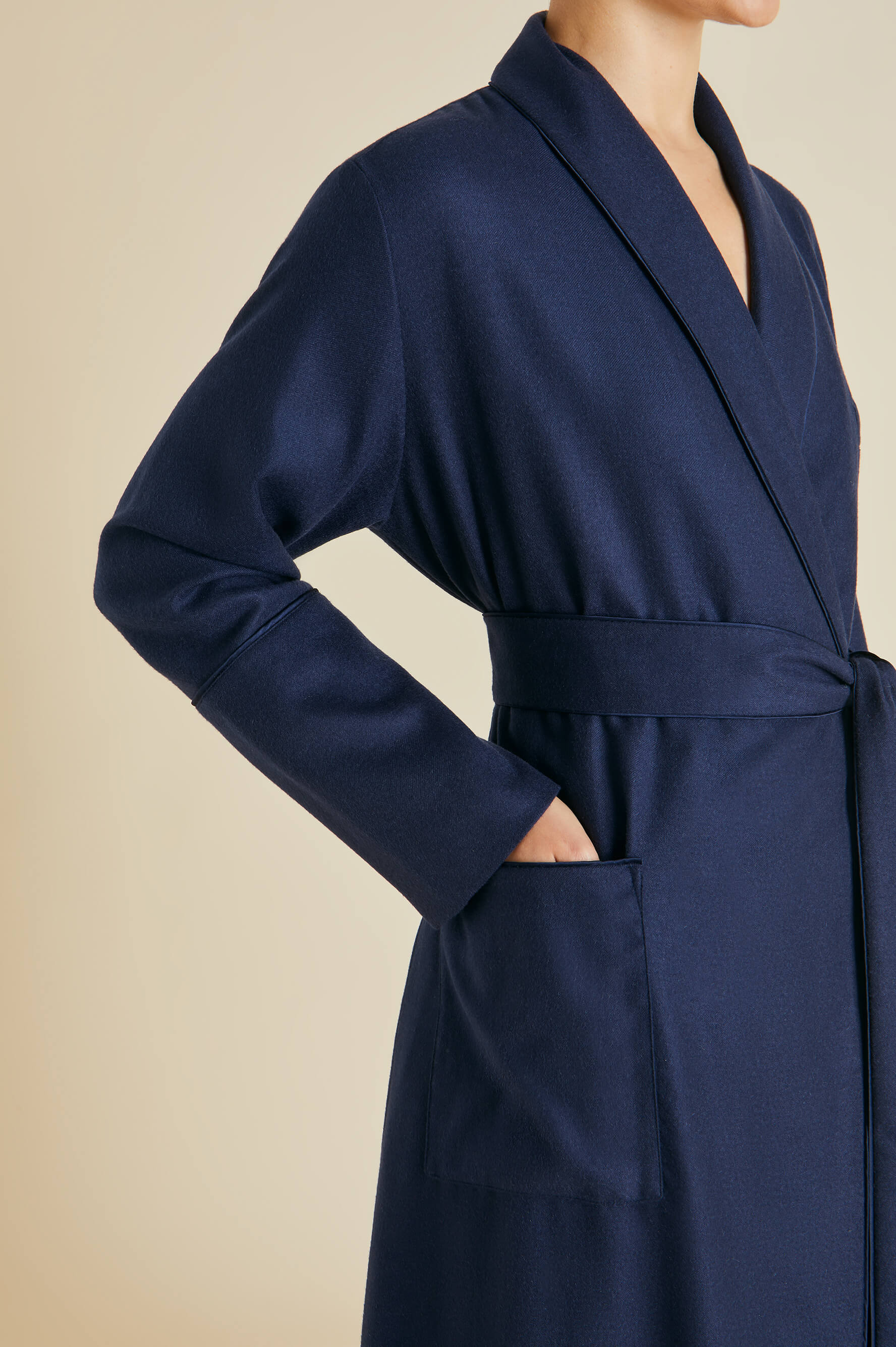 knee length dresses for ladies Olivia Von Halle | Logan Osaka Navy Robe in Cashmere | Women | Navy Blue Luxury Dressing Gowns