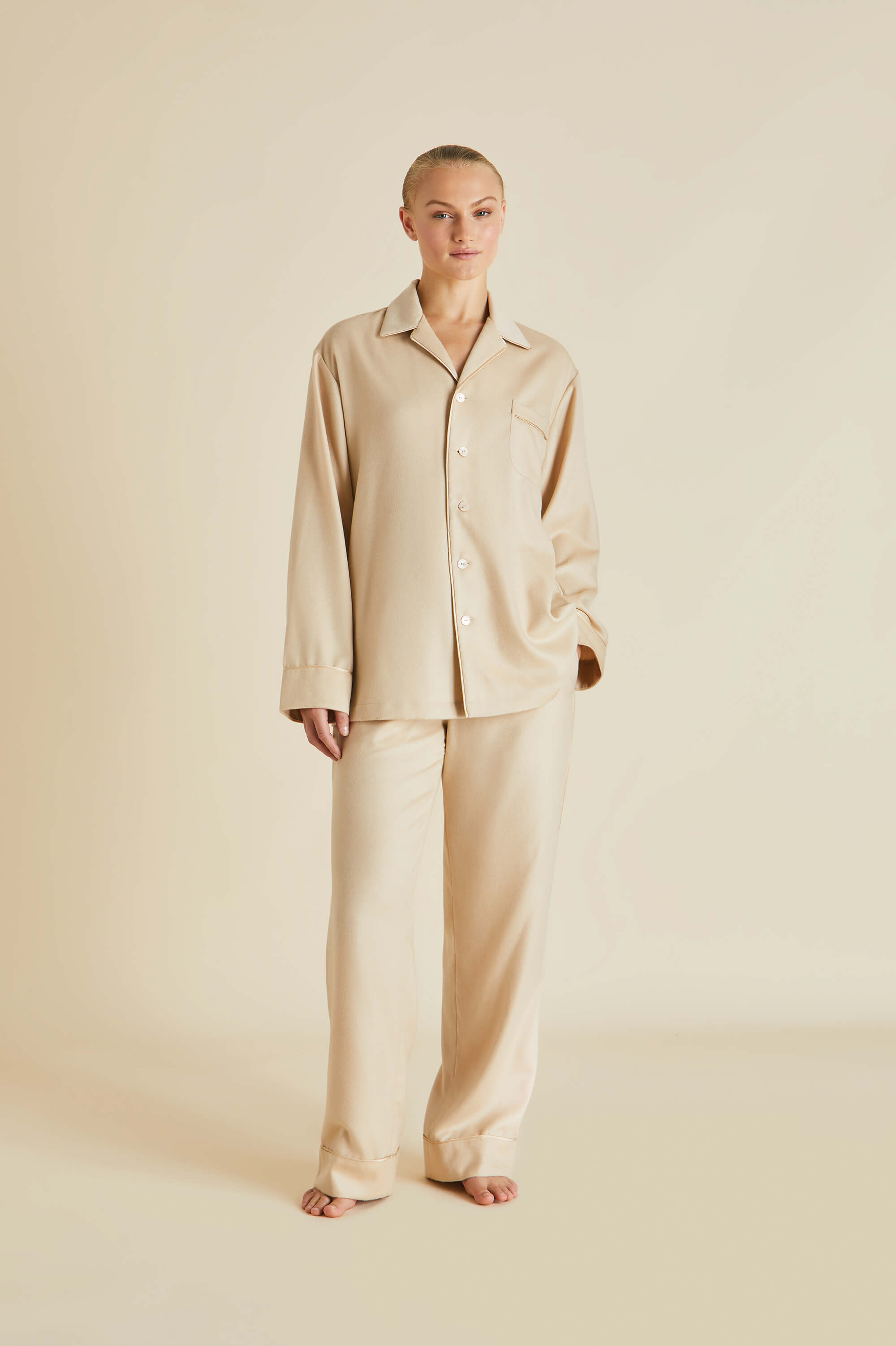 Vanderbilt Muscat Beige Pajamas in Cashmere | Olivia von Halle