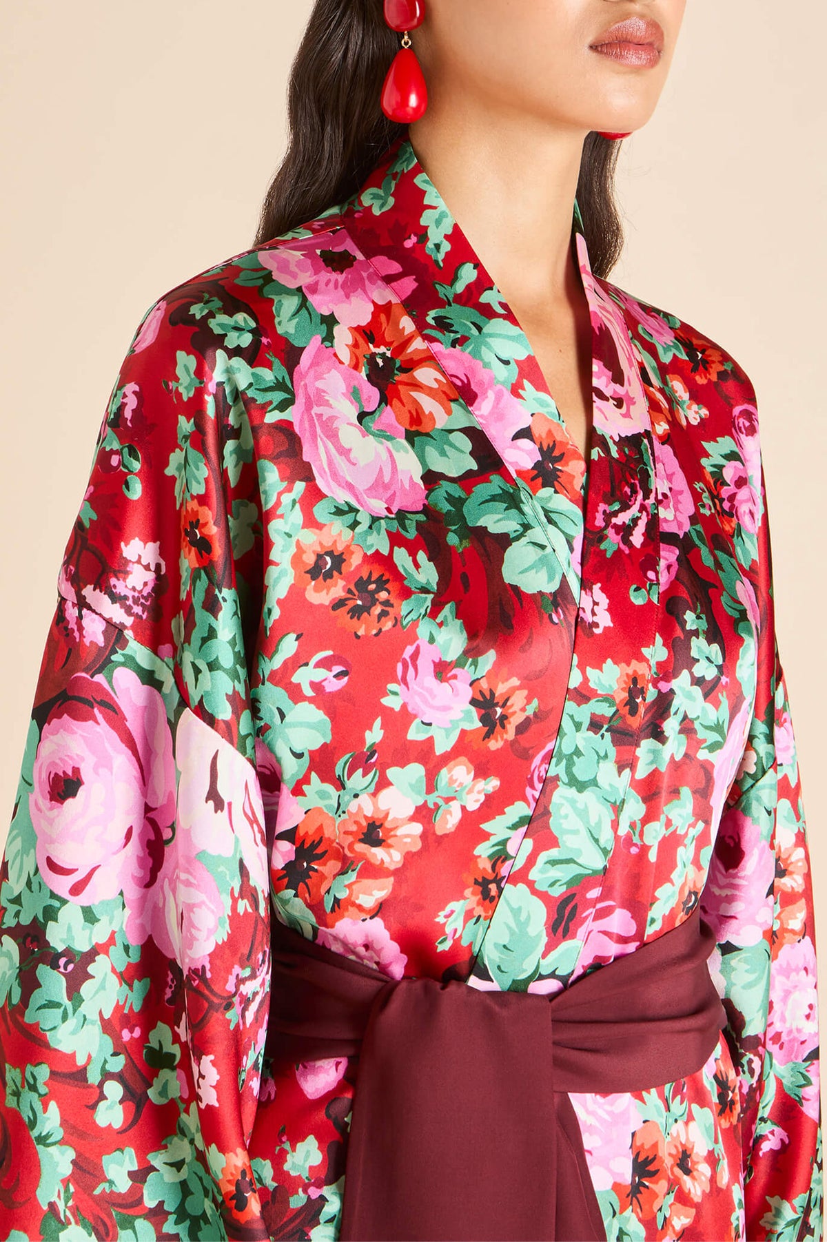 Queenie Moulin Red Floral Robe in Silk Satin