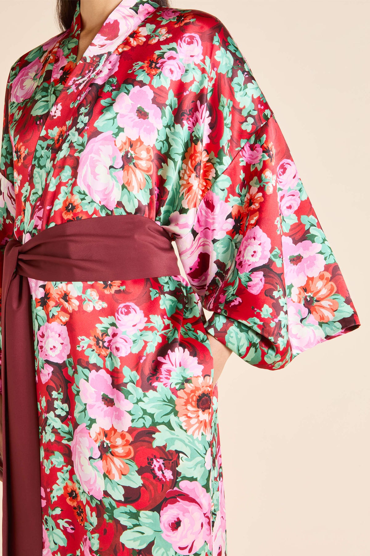queenie moulin red floral robe in silk satin 