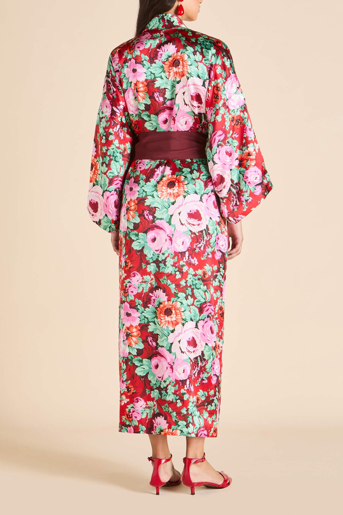 Queenie Moulin Red Floral Robe in Silk Satin