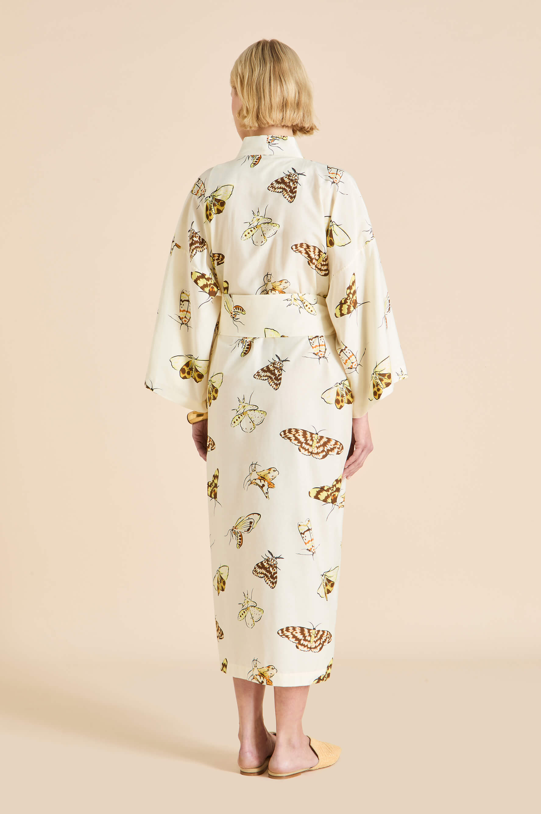 Amaya Opaline Cream Moth Robe in Cotton-Silk