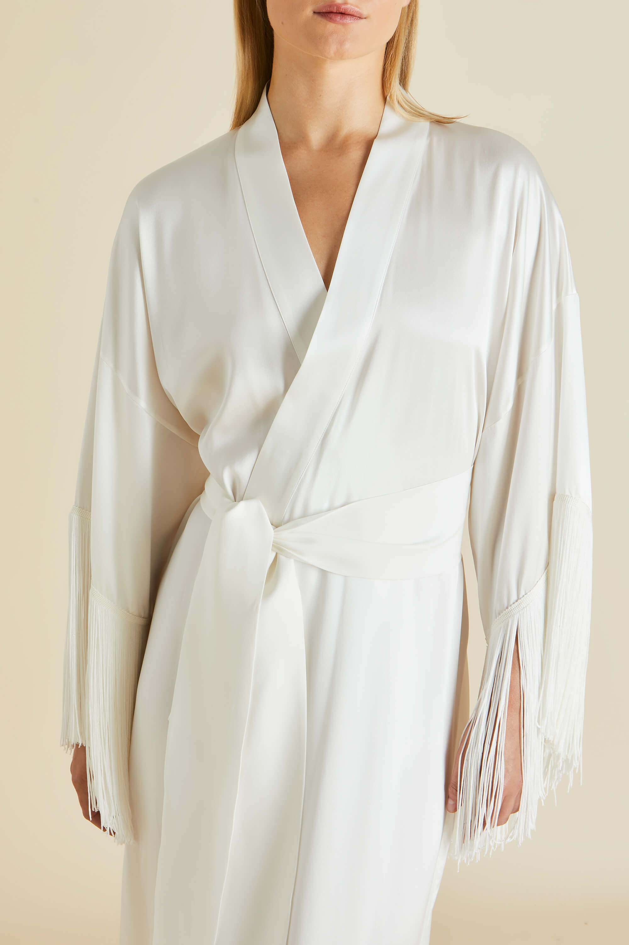 Amina Ivory Fringed Robe in Silk Satin