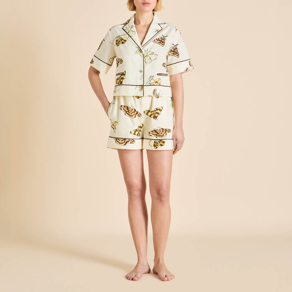 Arletty Opaline Cream Moth Pajamas in Cotton-Silk | Olivia von Halle