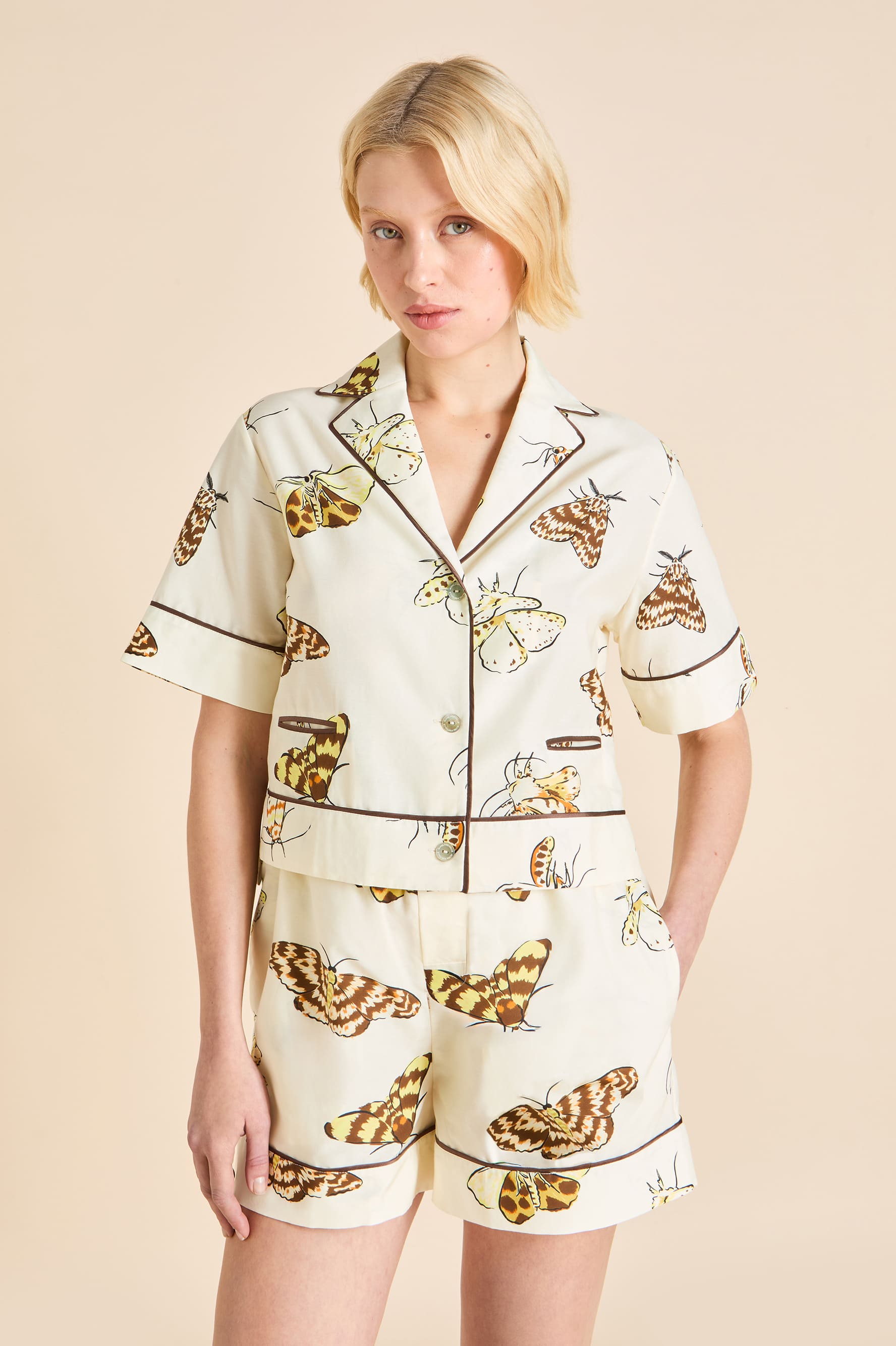 Arletty Opaline Cream Moth Pyjamas in Cotton-Silk
