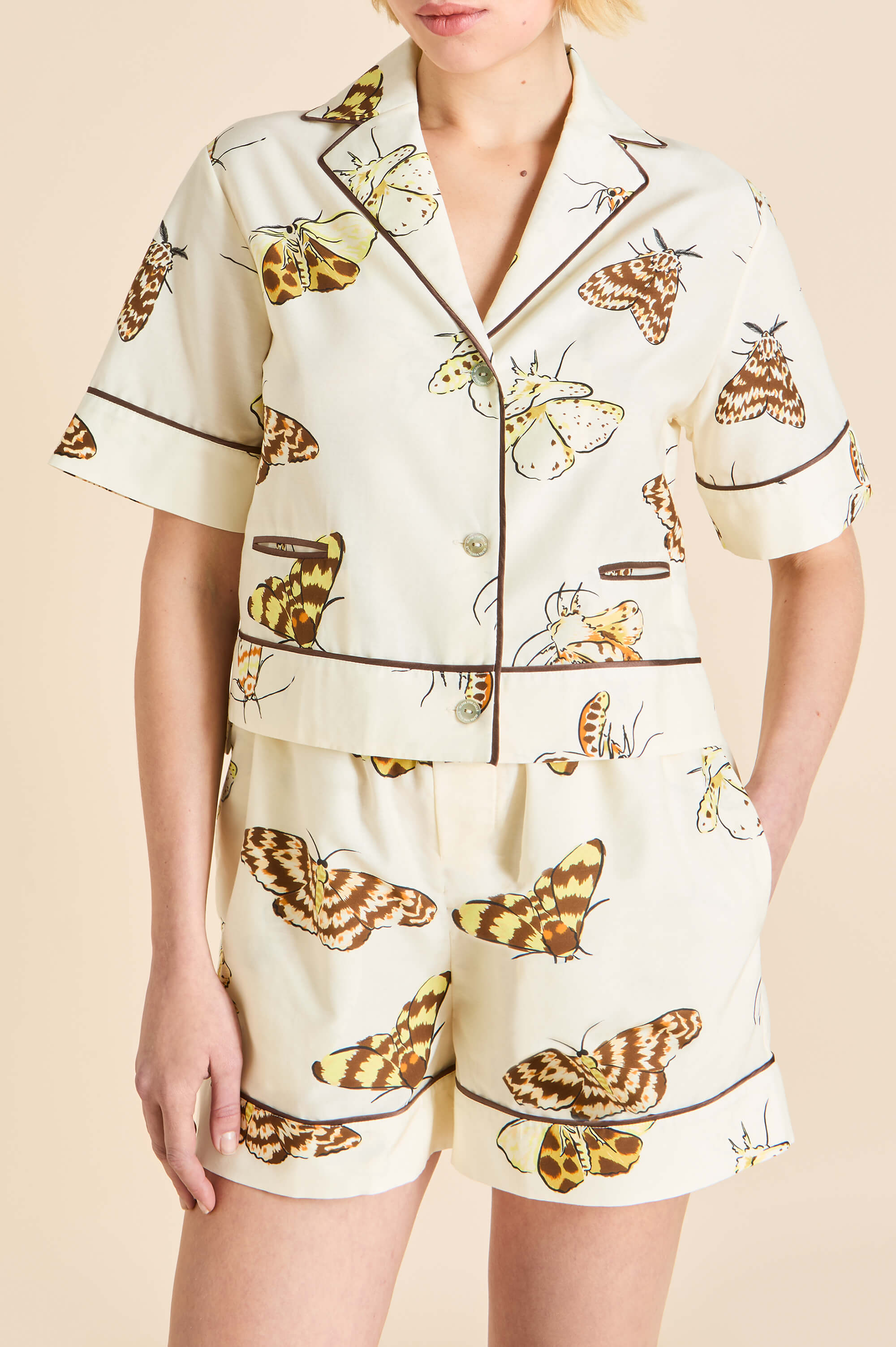 Arletty Opaline Cream Moth Pajamas in Cotton-Silk