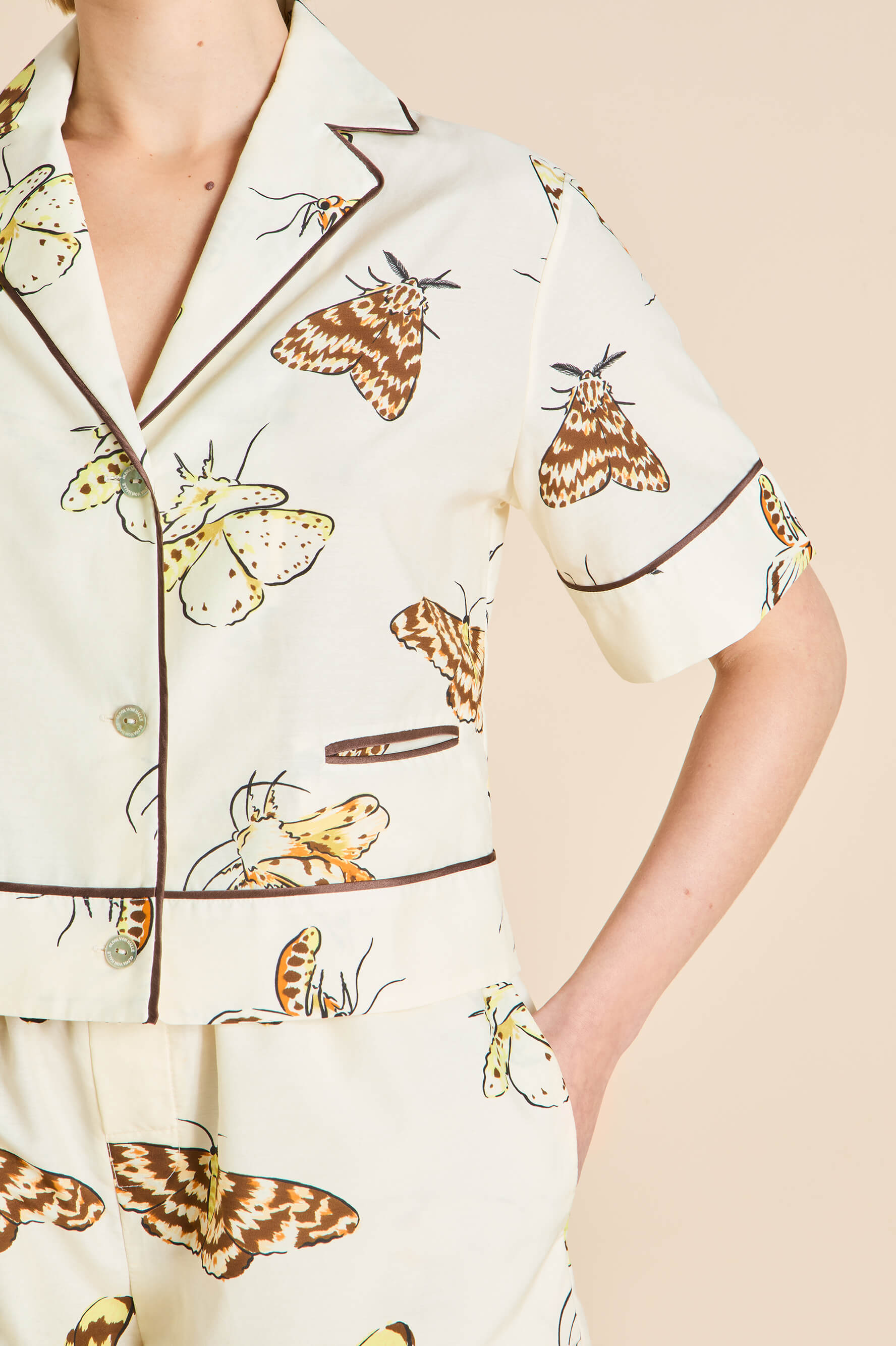 Arletty Opaline Cream Moth Pajamas in Cotton-Silk | Olivia von Halle