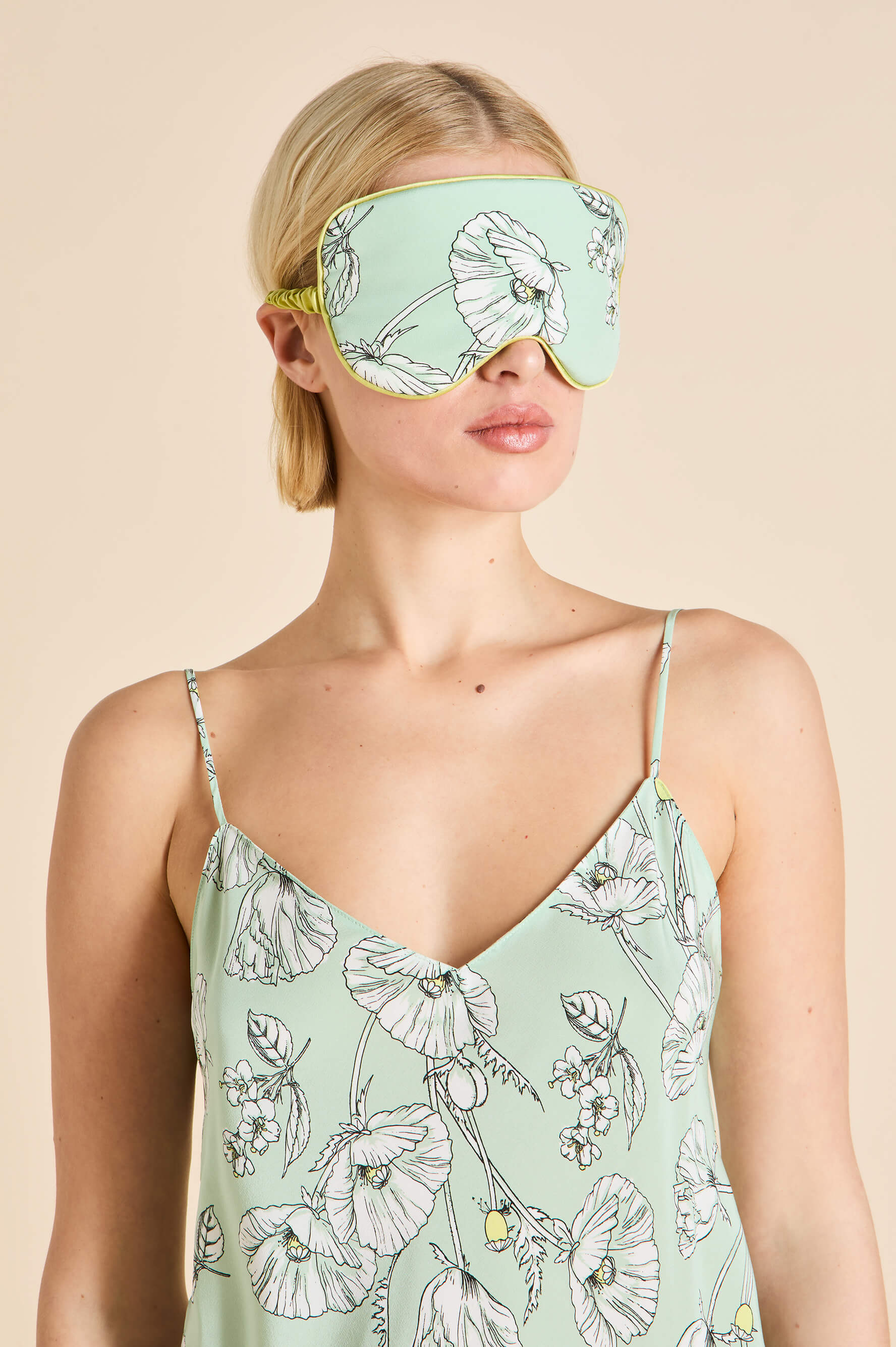 Audrey Delfina Green Floral Eye Mask in Silk Crêpe de Chine