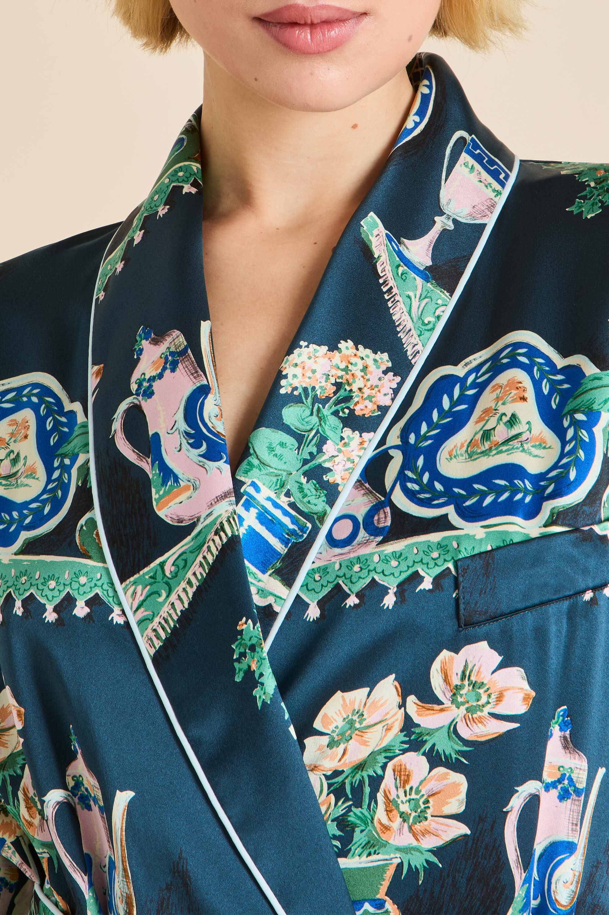 Capability Giotto Blue Plate Robe in Silk Satin