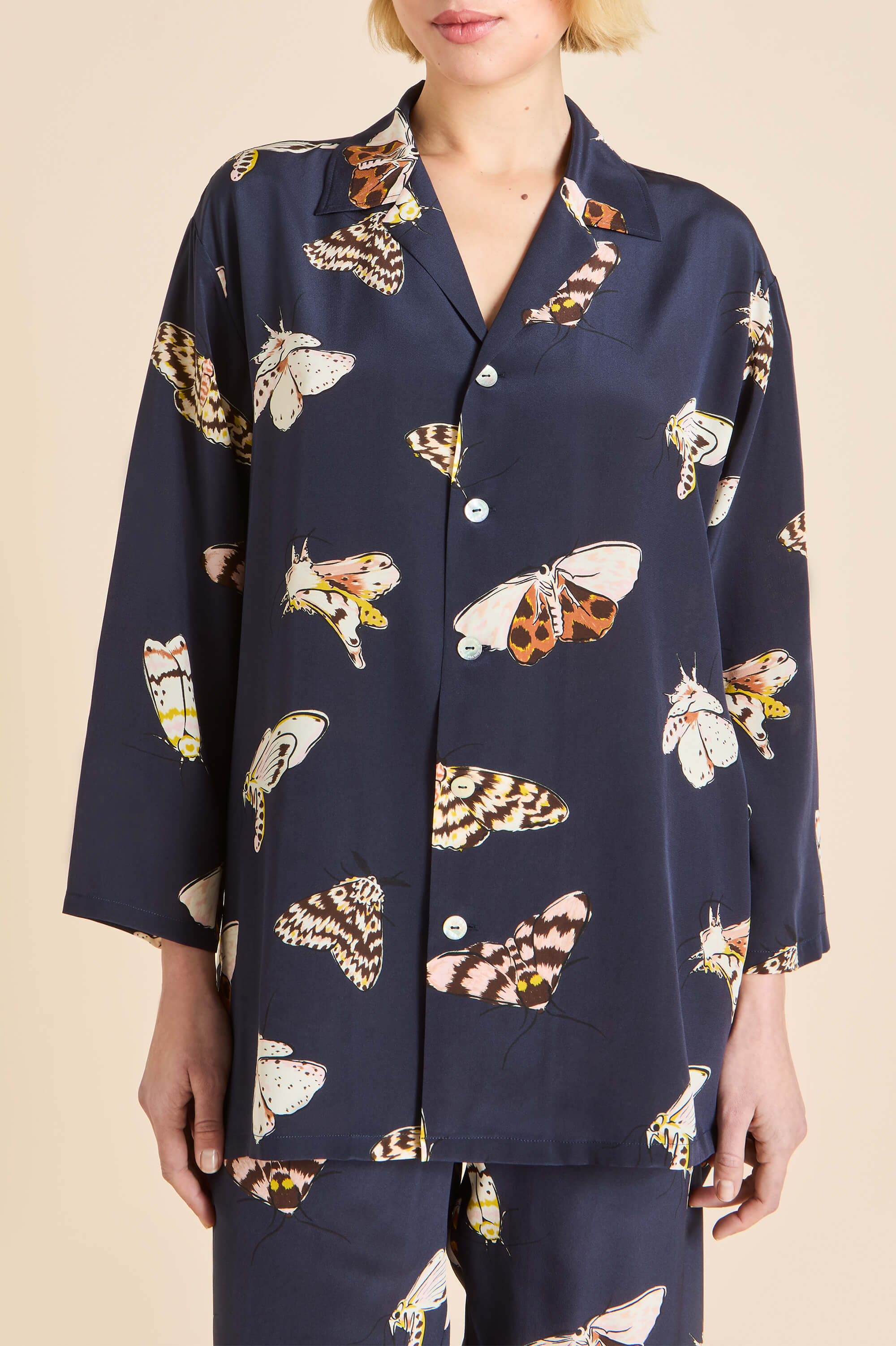 Casablanca Notte Navy Moth Pajamas in Silk Crêpe de Chine