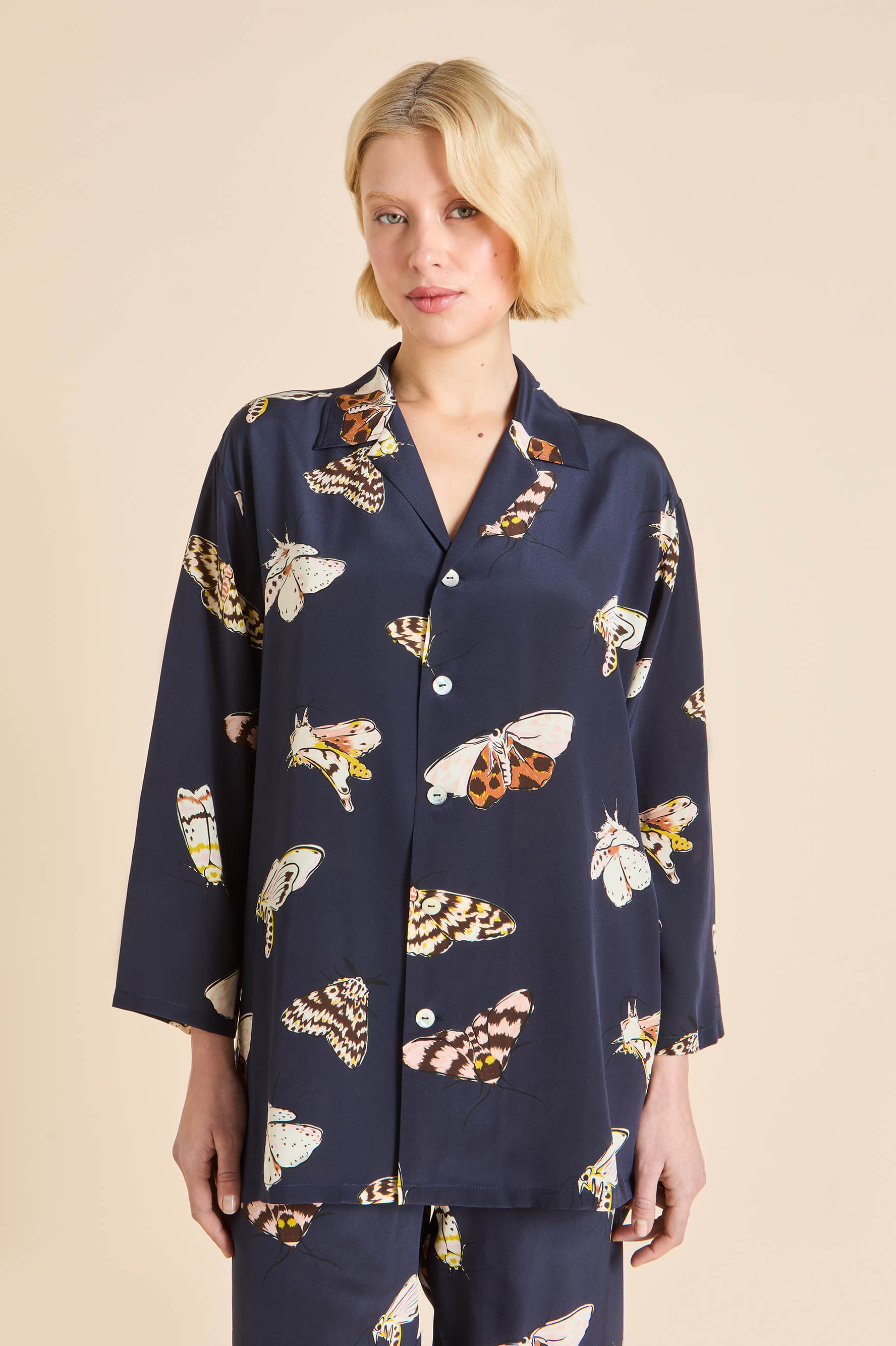 Casablanca Notte Navy Moth Pajamas in Silk Crêpe de Chine