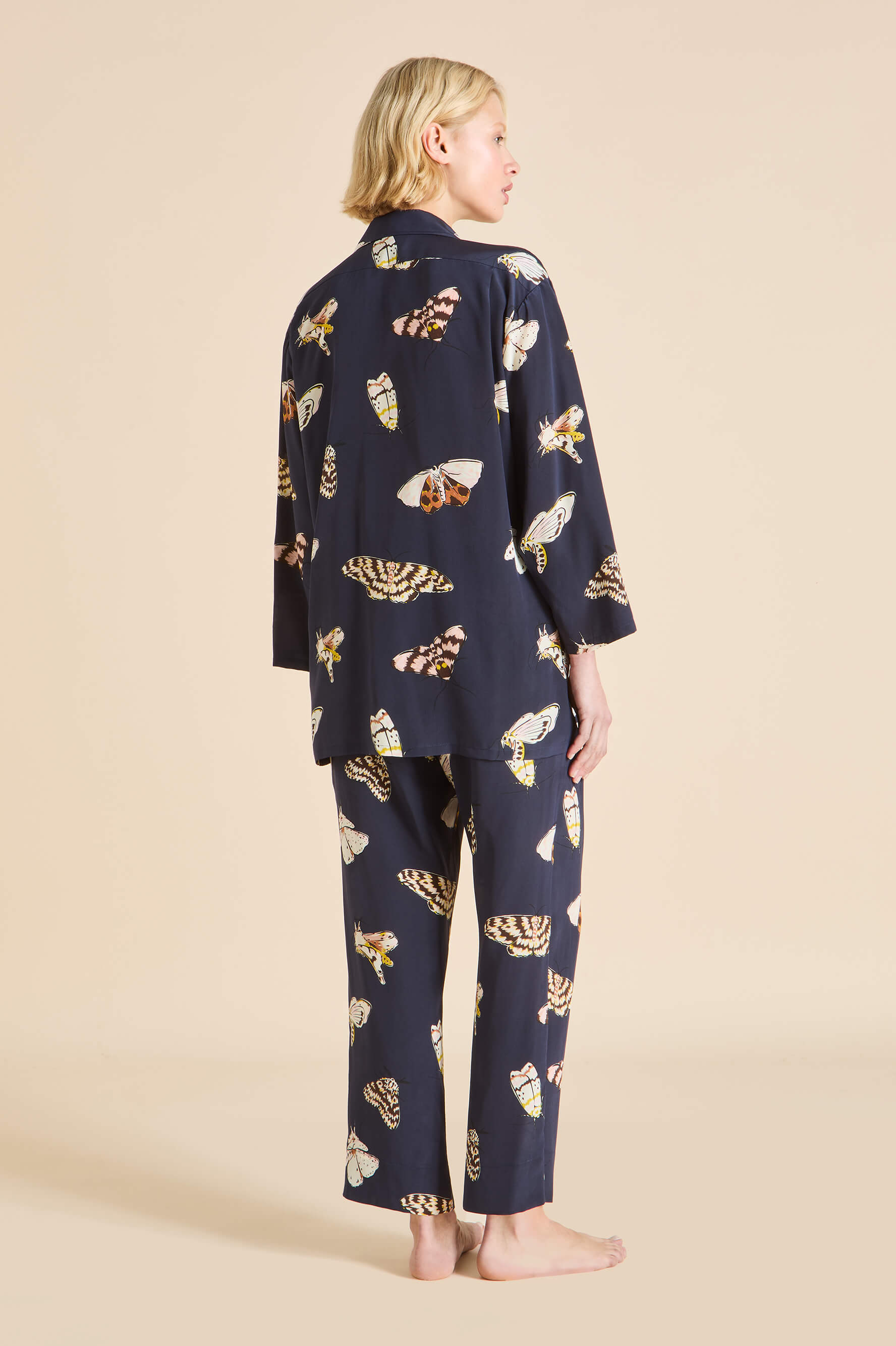 Casablanca Notte Navy Moth Pajamas in Silk Crêpe de Chine