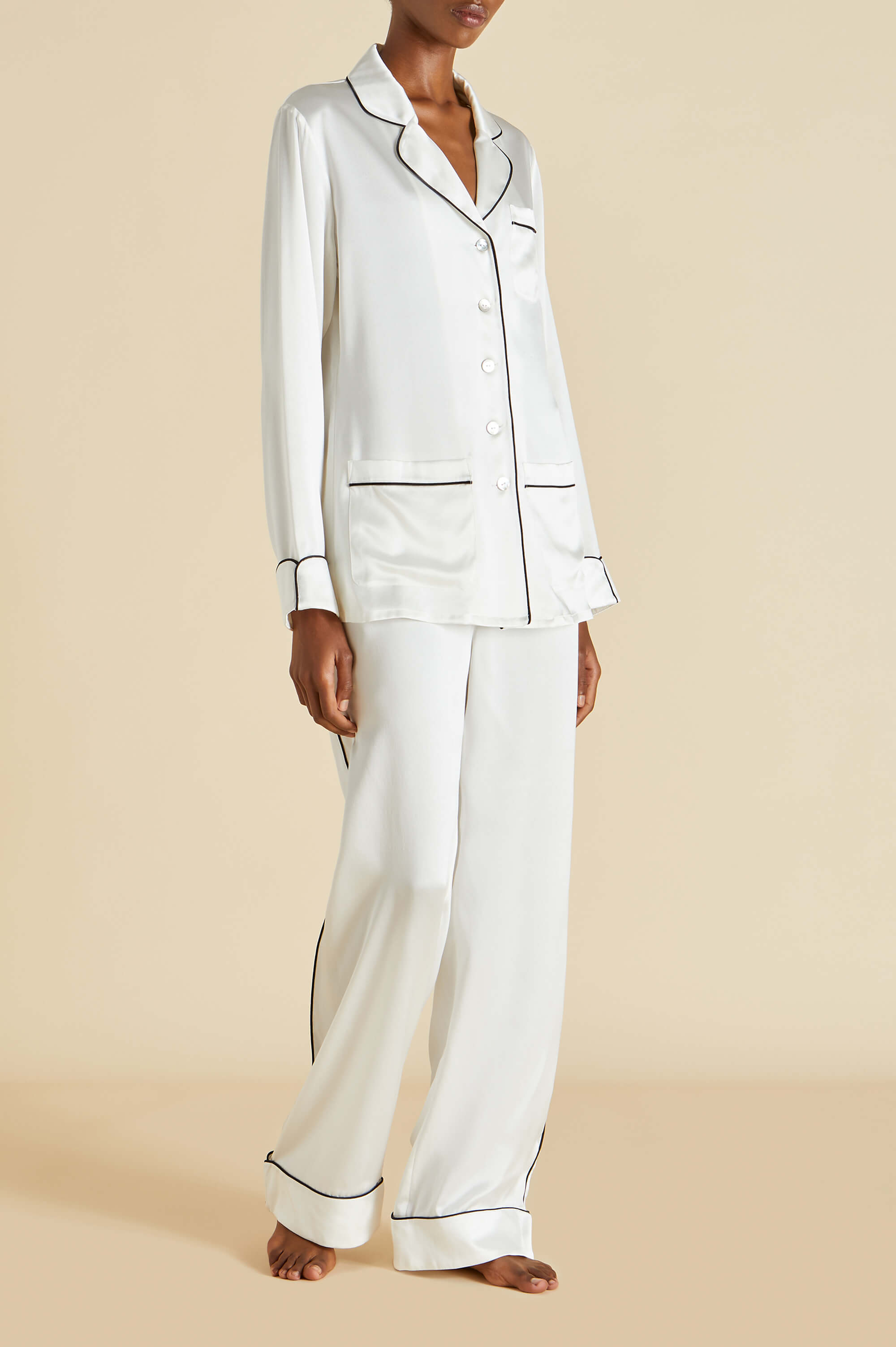 Coco Ivory Jet Black Pajamas in Silk Satin | Olivia von Halle