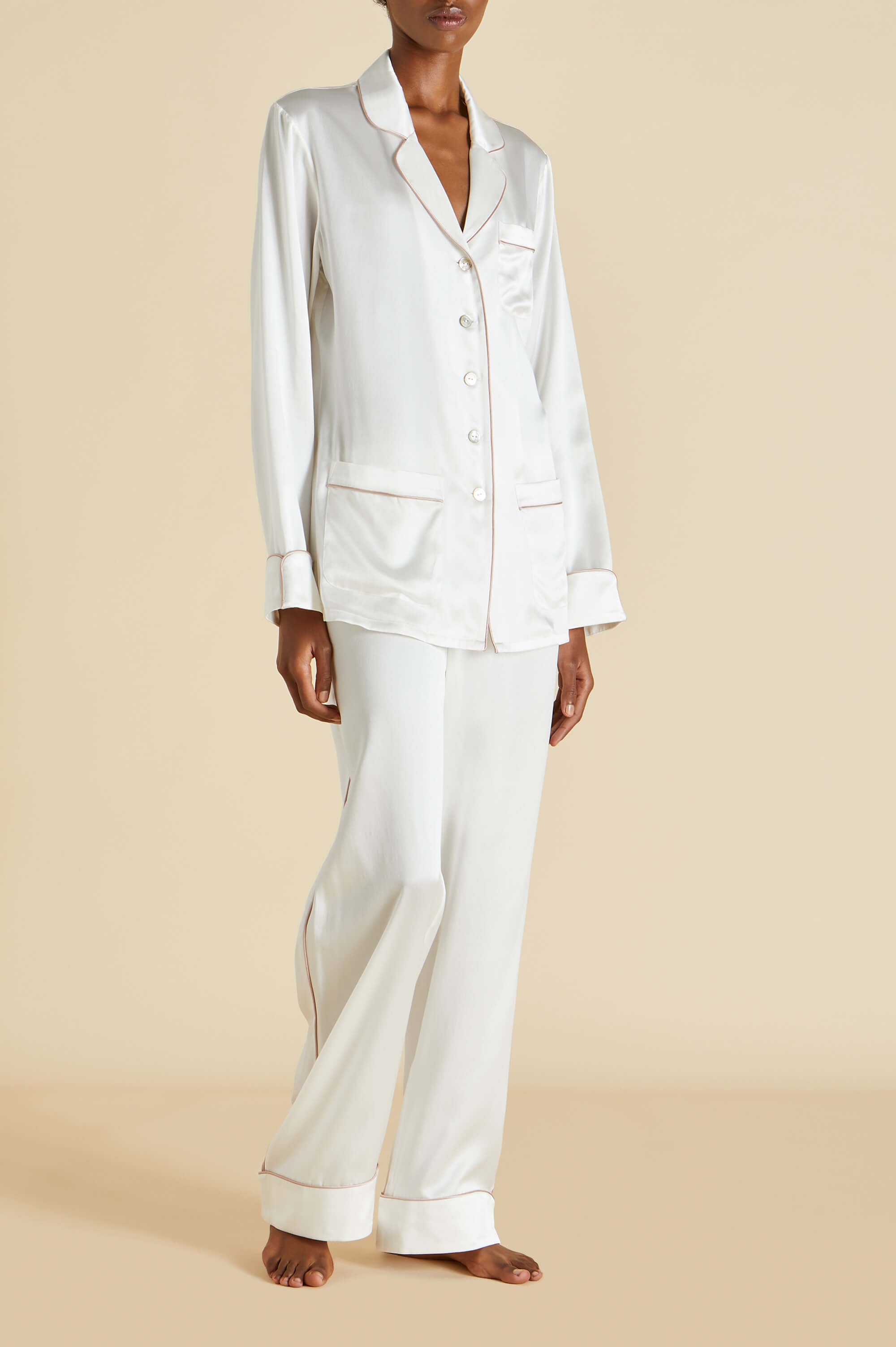 Olivia von Halle | Coco Ivory Oyster Pajamas in Silk Satin | Silk Shirt | Women | Ivory White Silk Pyjamas Set