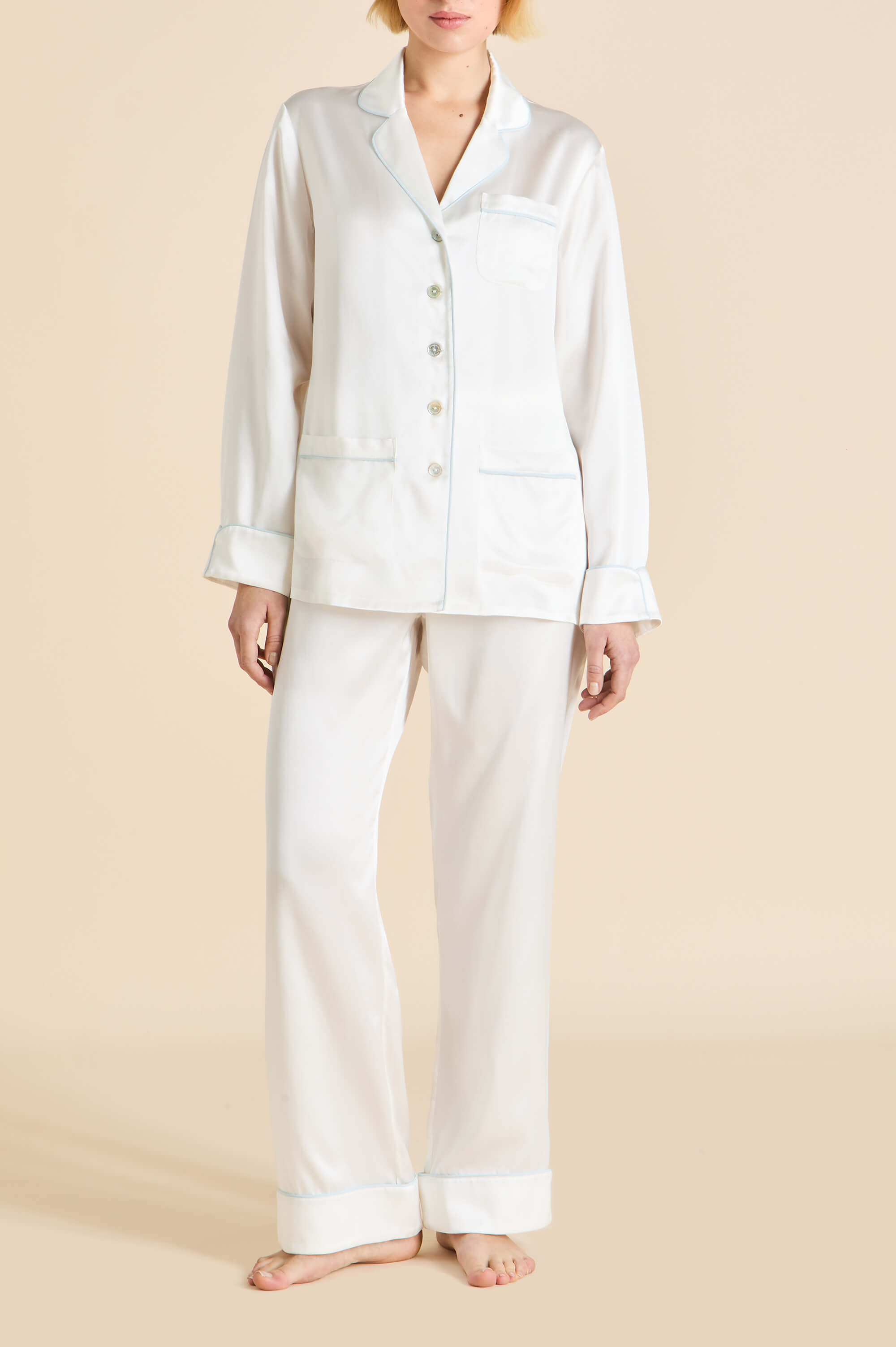 Coco Ivory Powder Blue Pajamas in Silk Satin
