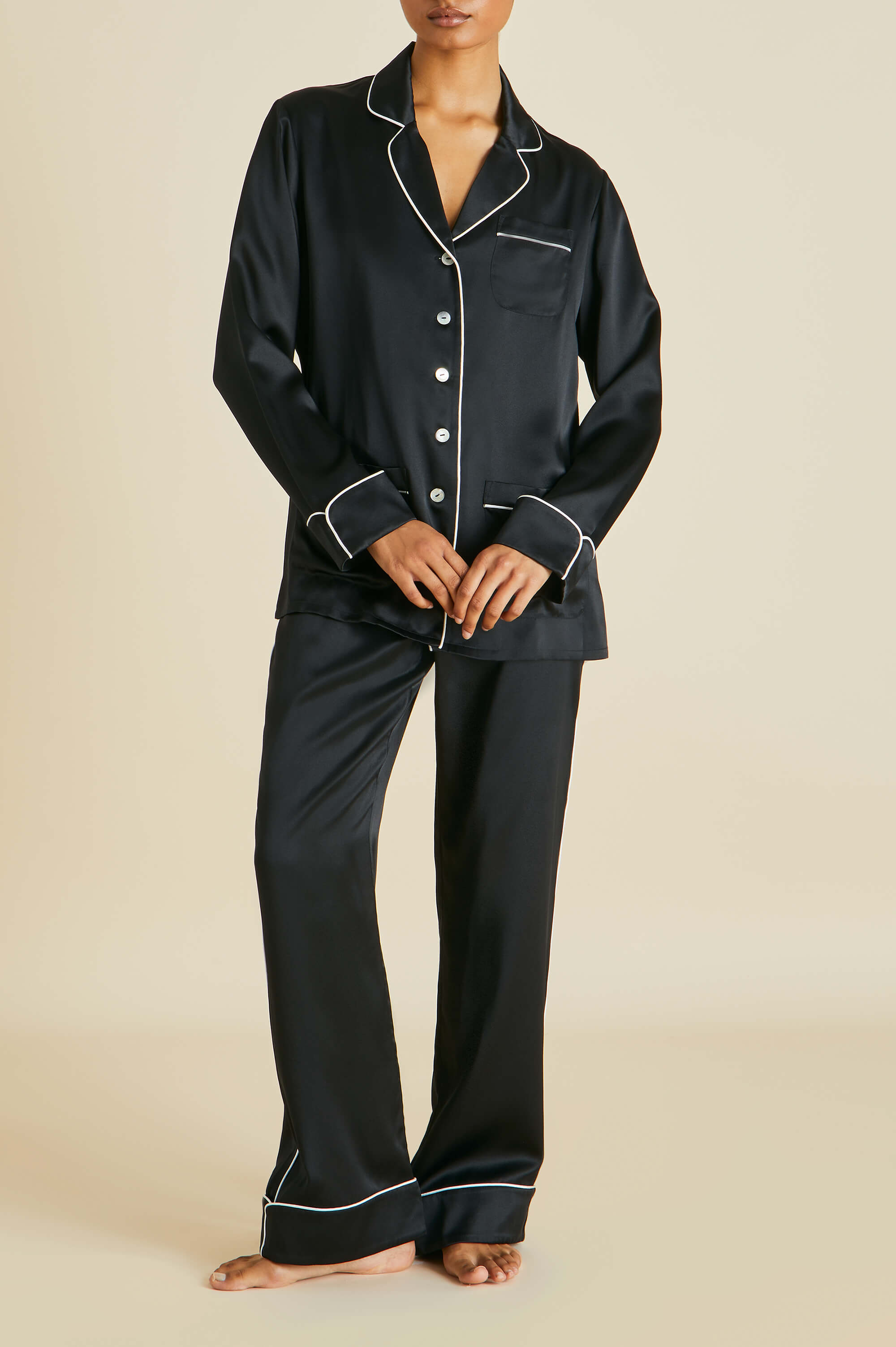 coco jet black pajamas in silk satin