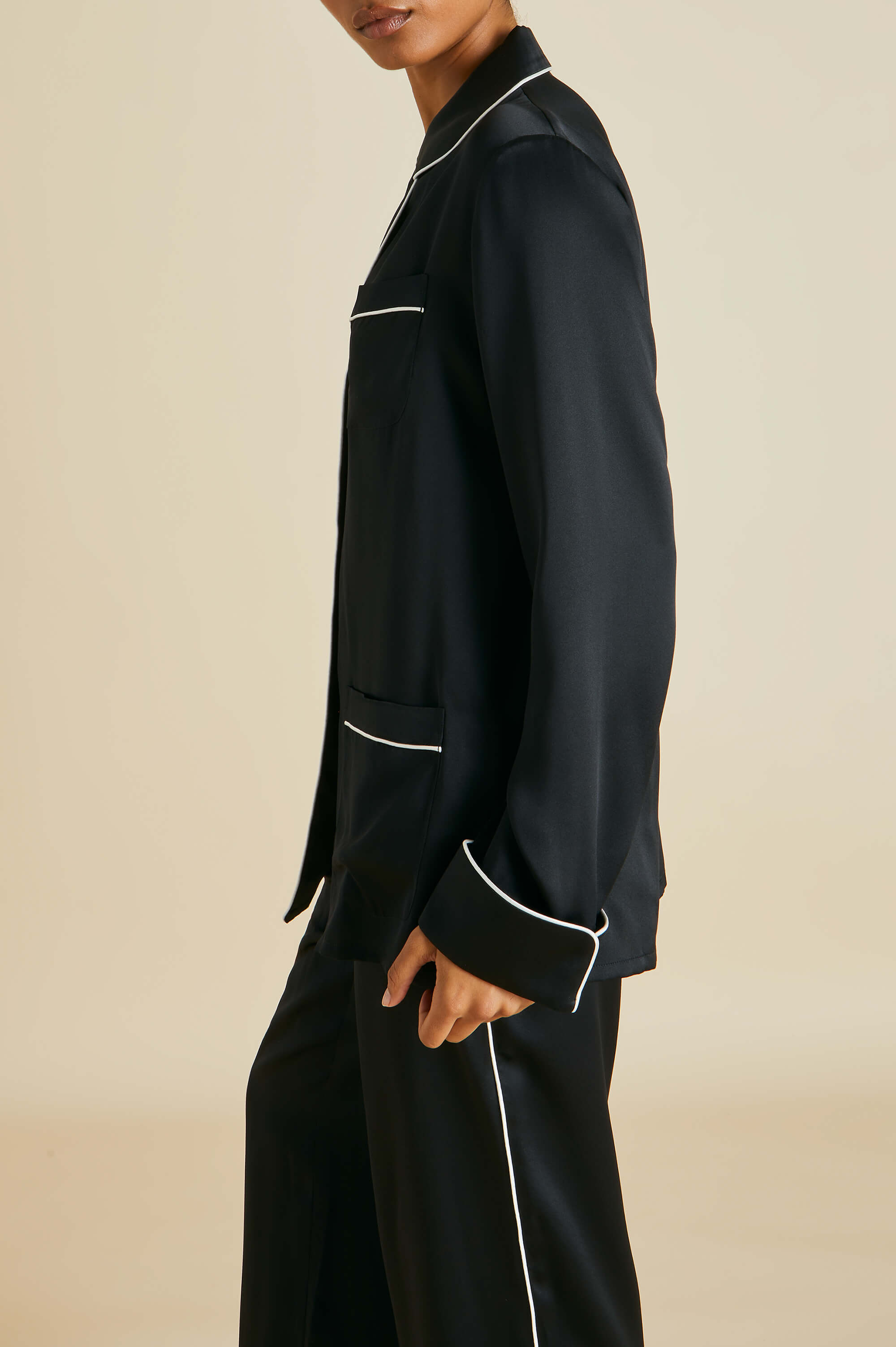 Coco Jet Black Pyjamas in Silk Satin