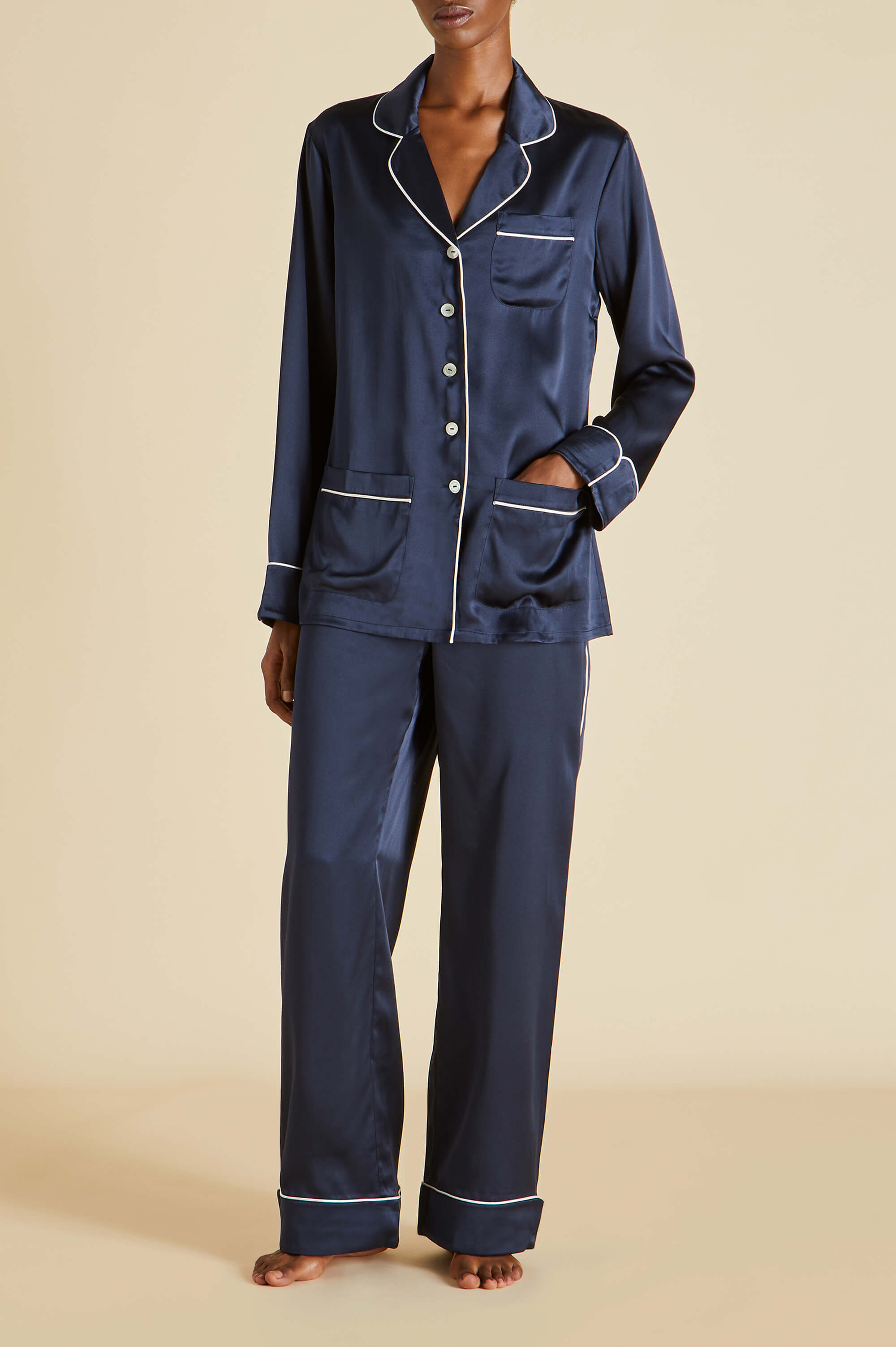 coco navy pajamas in silk satin