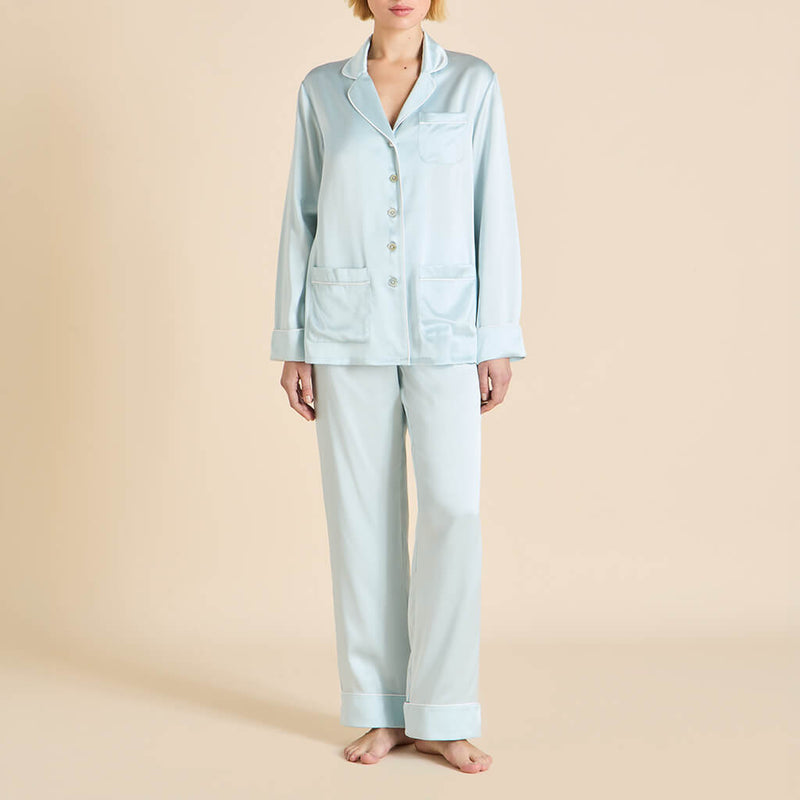 Coco Powder Blue Ivory Pyjamas in Silk Satin
