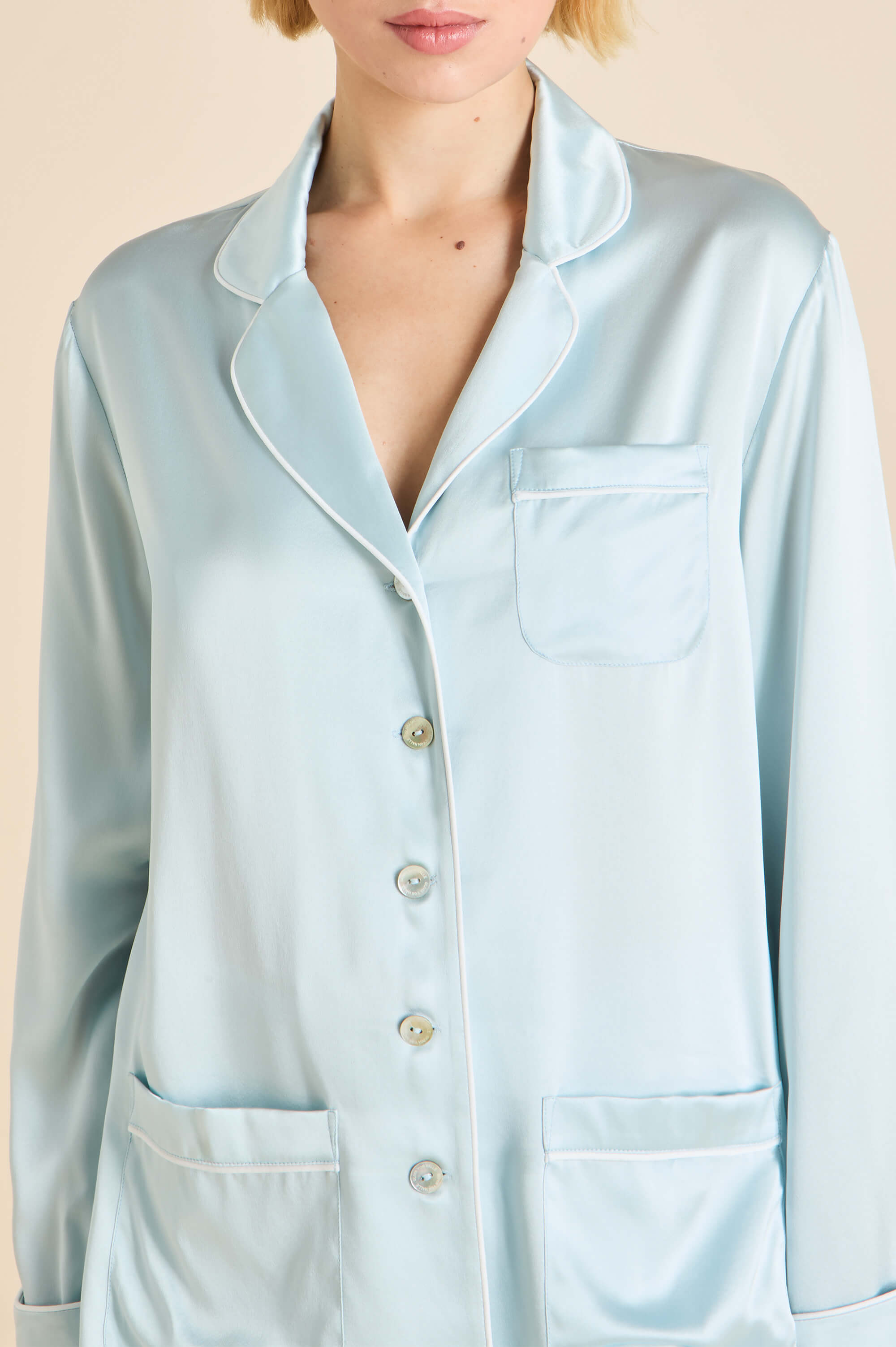 coco powder blue ivory pyjamas in silk satin 
