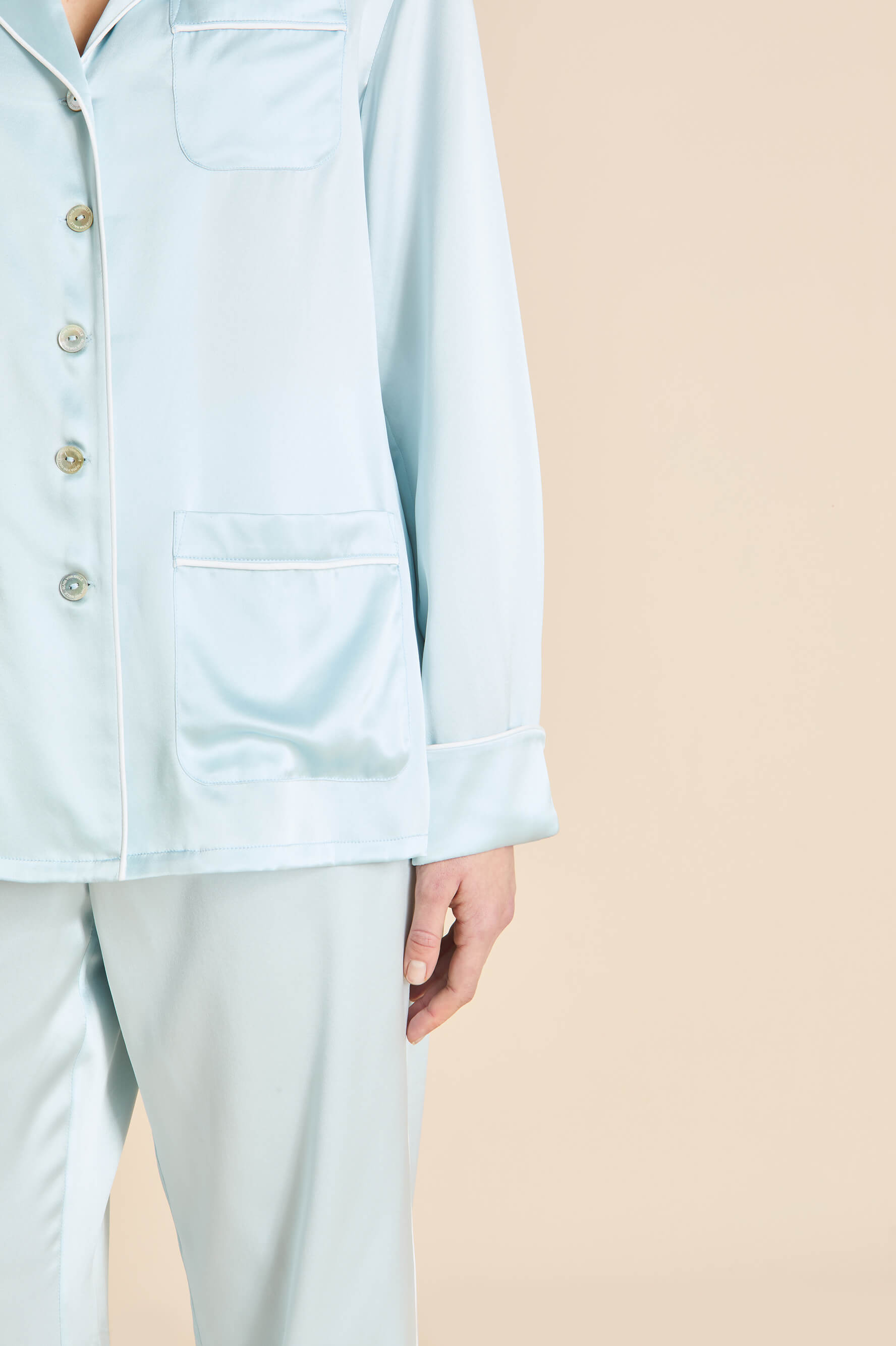 Coco Powder Blue Ivory Pyjamas in Silk Satin