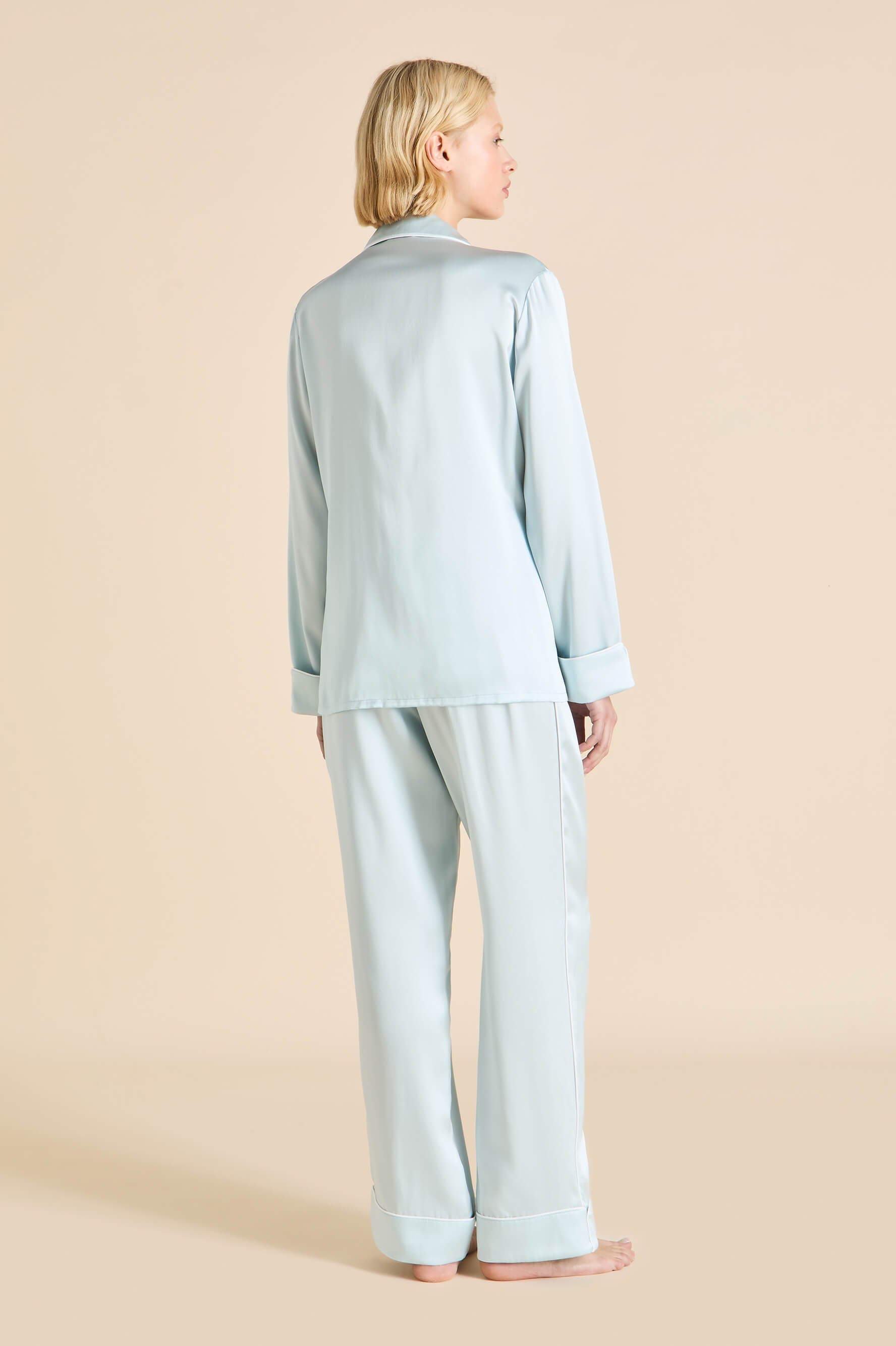 Coco Powder Blue Ivory Pyjamas in Silk Satin
