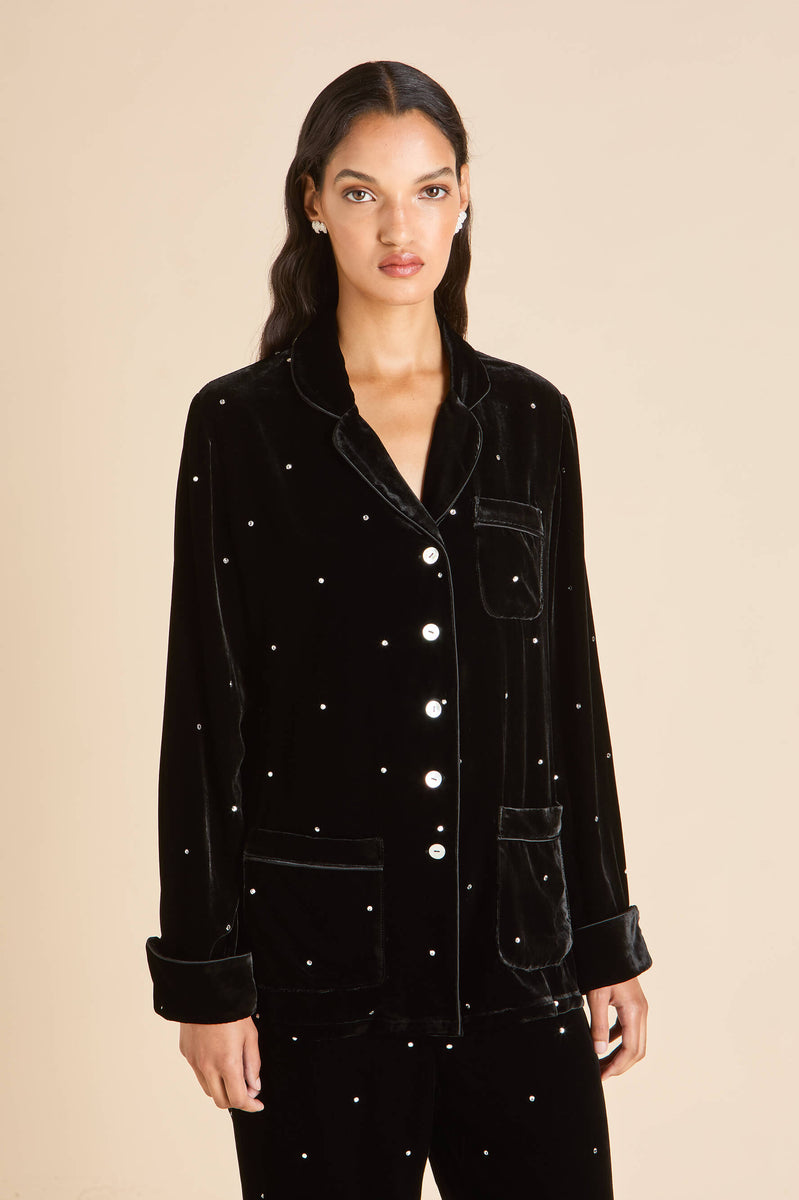 Fifi Valentina Black Crystal Fringe Pyjamas in Silk Velvet