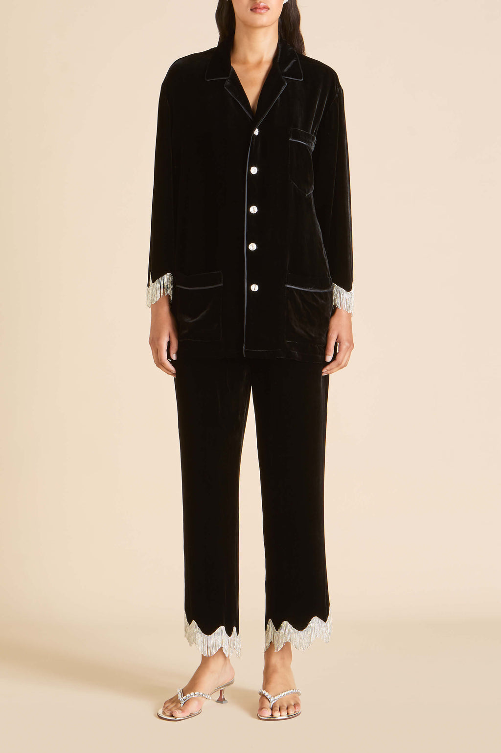 Fifi Valentina Black Crystal Fringe Pyjamas in Silk Velvet