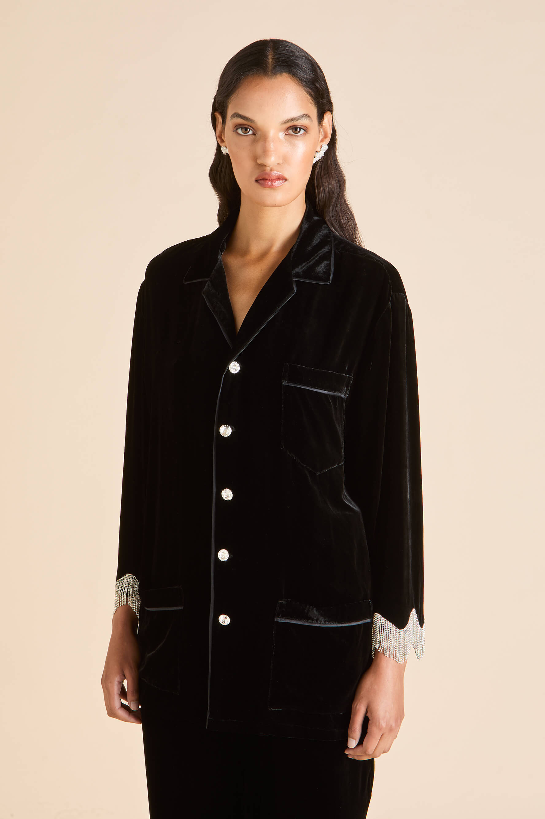 fifi valentina black crystal fringe pyjamas in silk velvet 