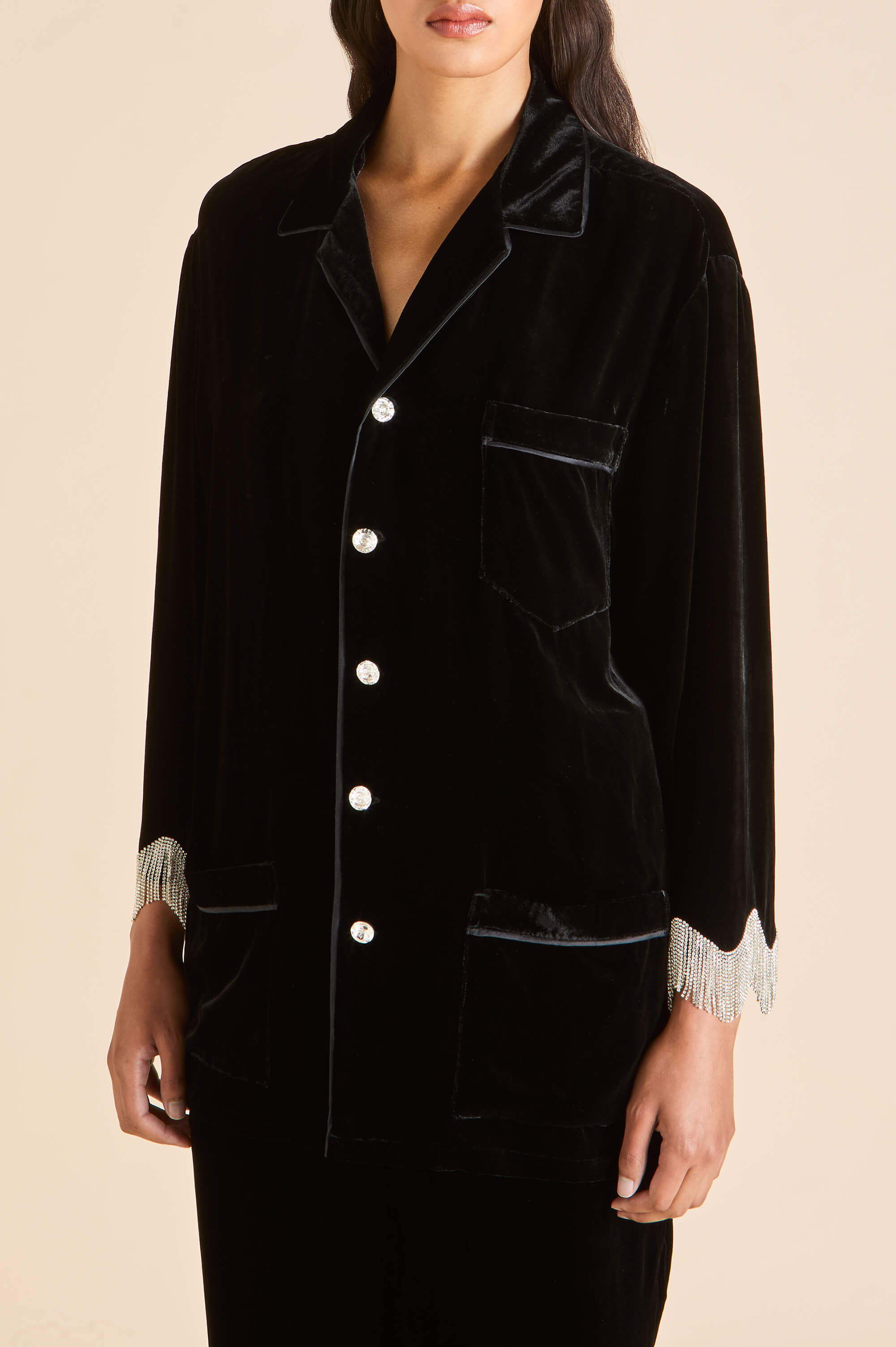 fifi valentina black crystal fringe pyjamas in silk velvet 