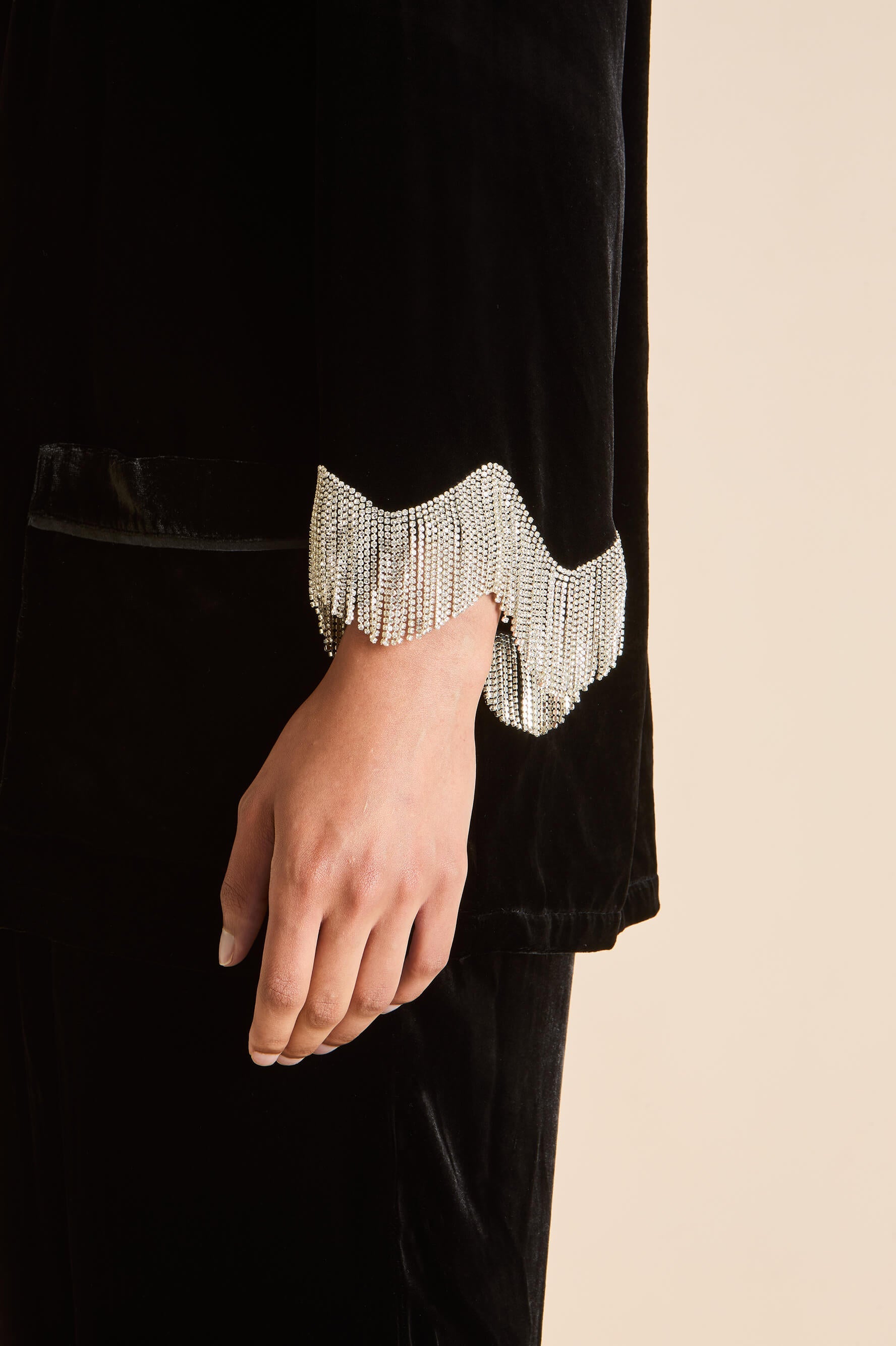 Fifi Valentina Black Crystal Fringe Pyjamas in Silk Velvet