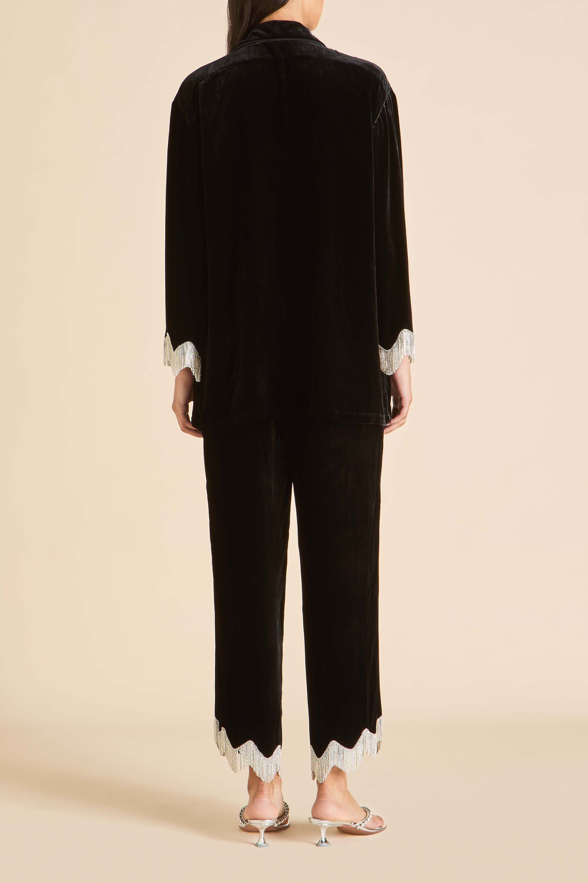 Fifi Valentina Black Crystal Fringe Pyjamas in Silk Velvet