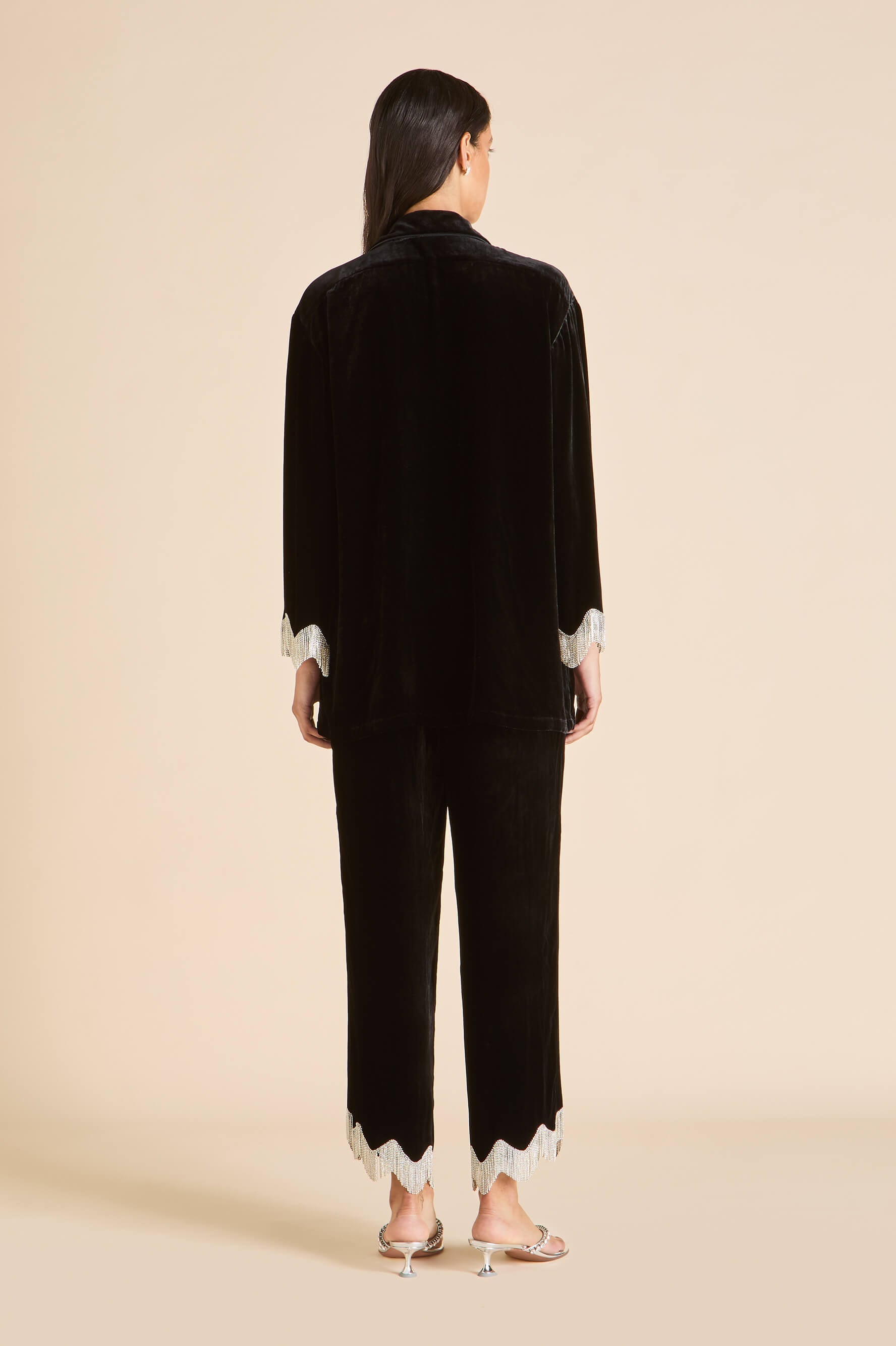 Fifi Valentina Black Crystal Fringe Pyjamas in Silk Velvet